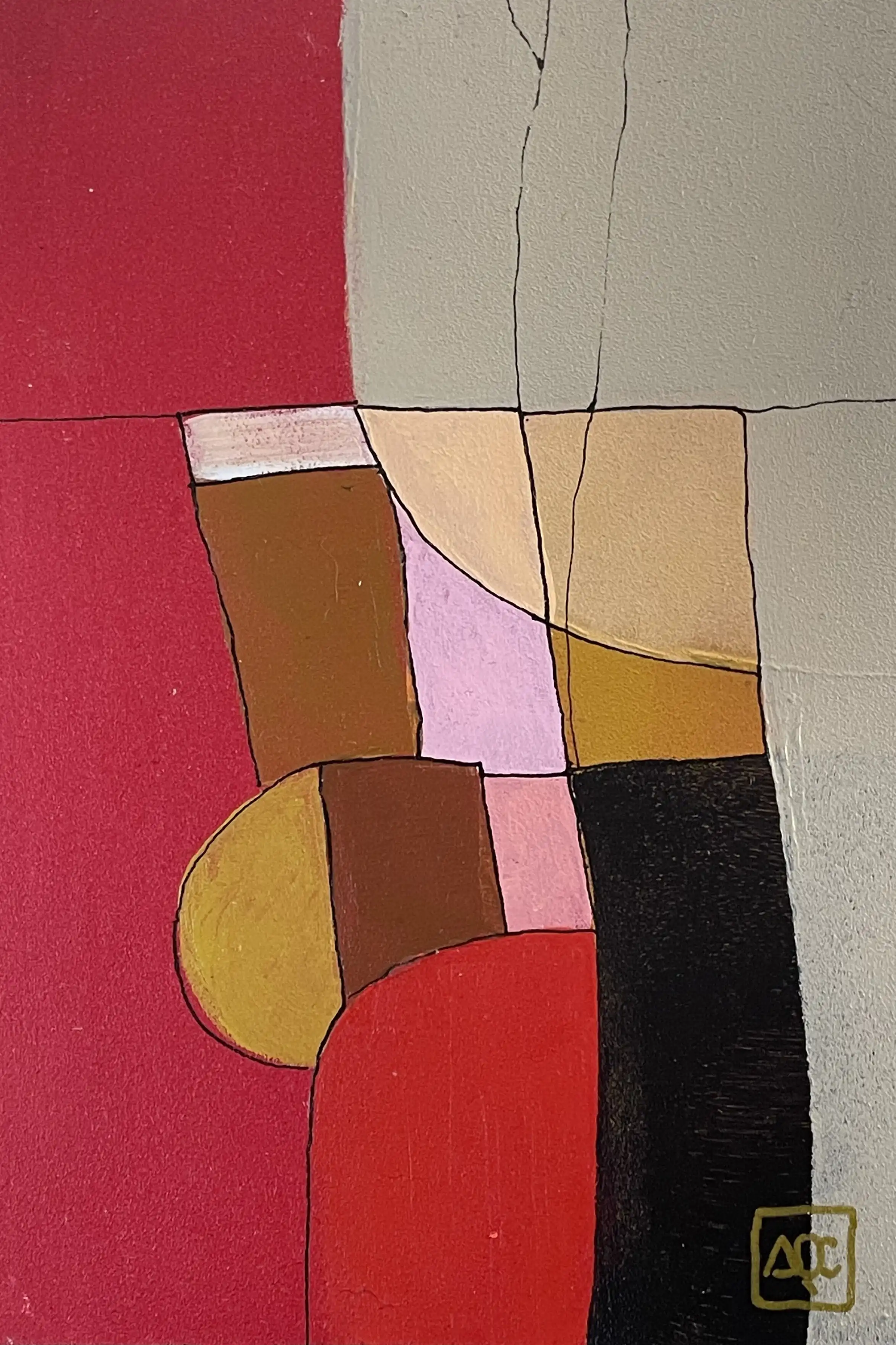 Peinture acrylique avec des formes géométriques rouge-orange et jaune-orange arrangées en rectangles entrelacés avec contraste noir