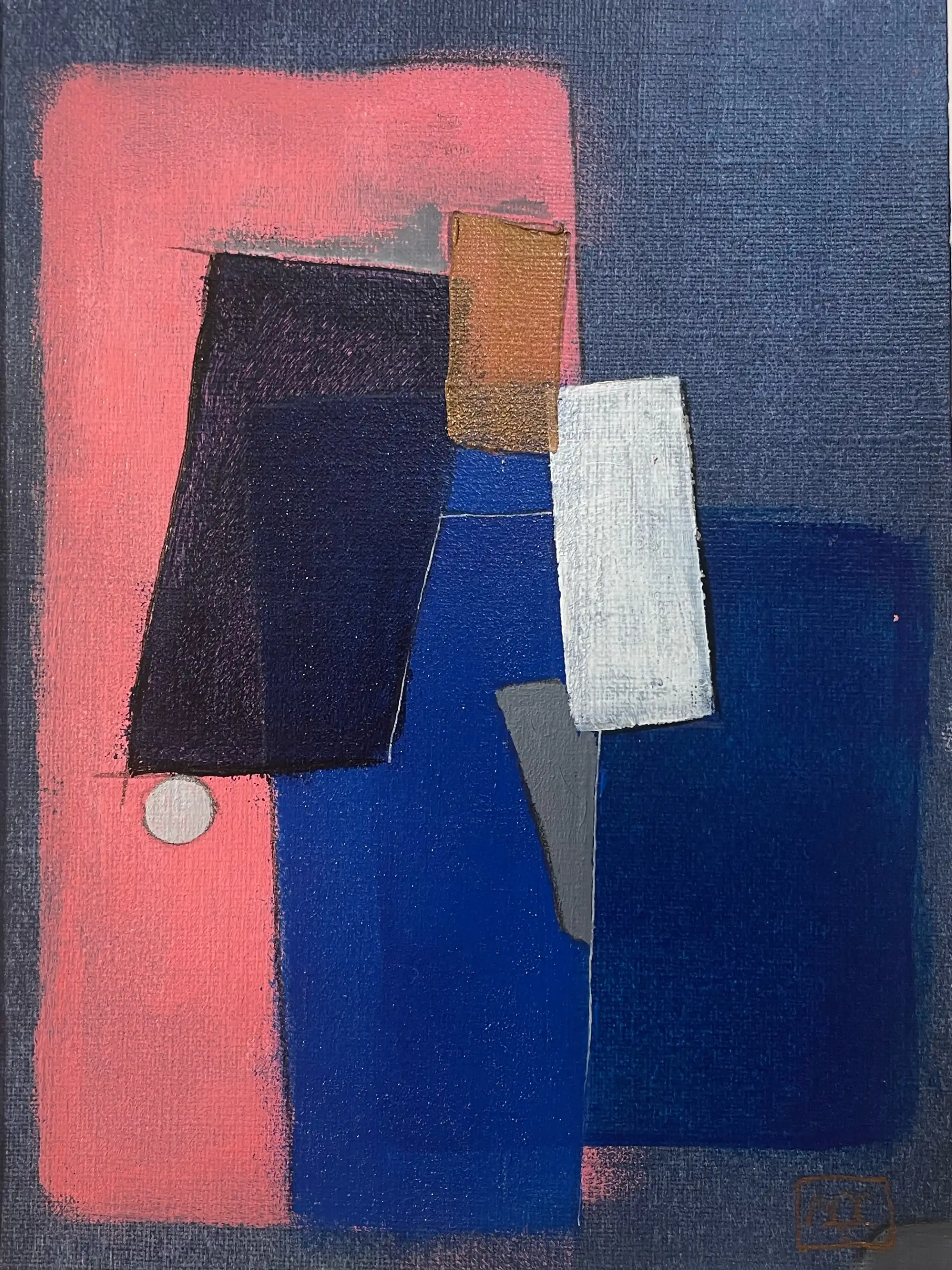 Peinture acrylique géométrique : formes violettes, corail, bleu-violet qui se chevauchent avec accents blancs et orange sur papier