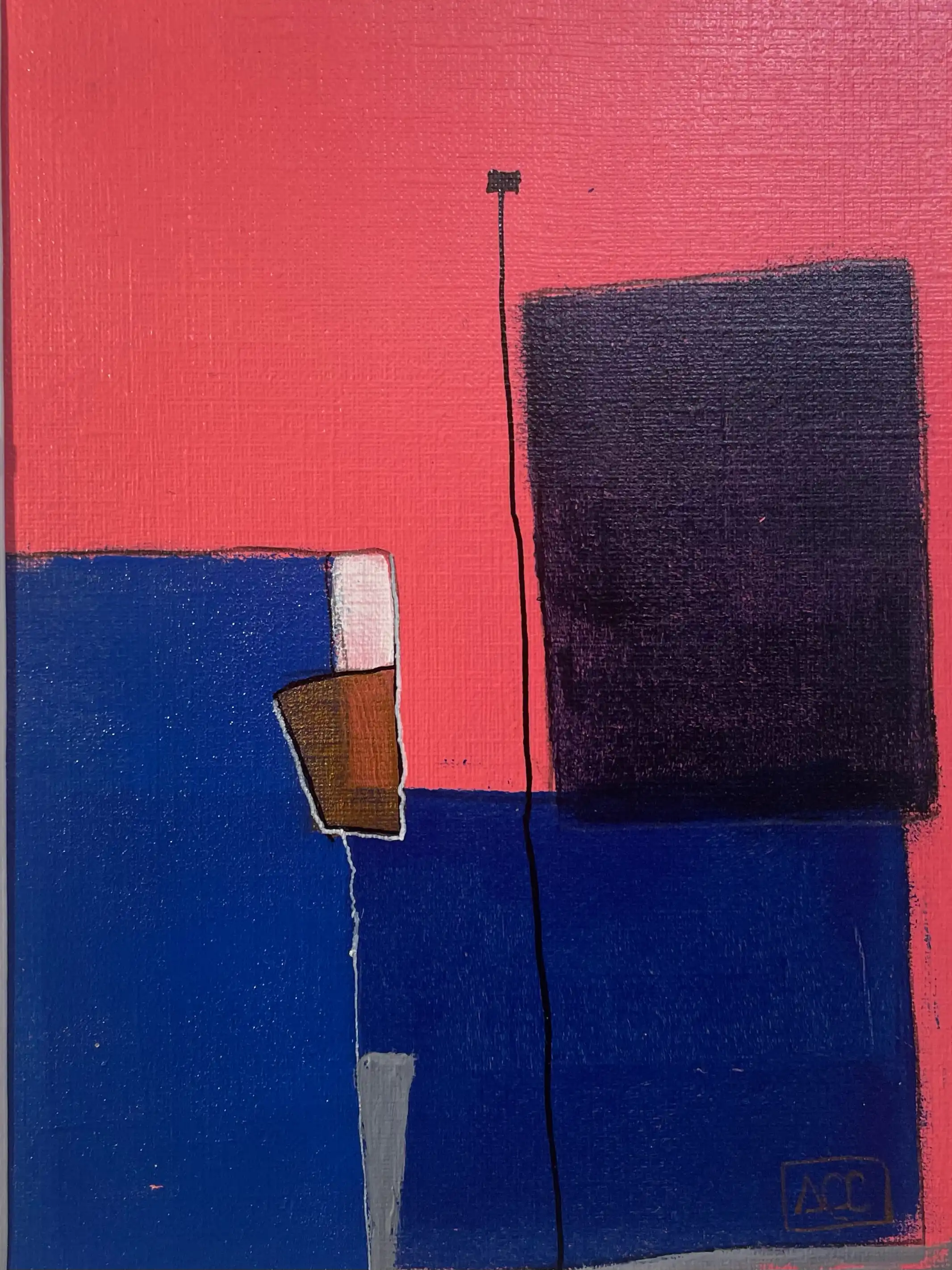 Peinture acrylique avec des formes géométriques rouge-orange et violettes arrangées en relations de couleurs harmoniques sur papier