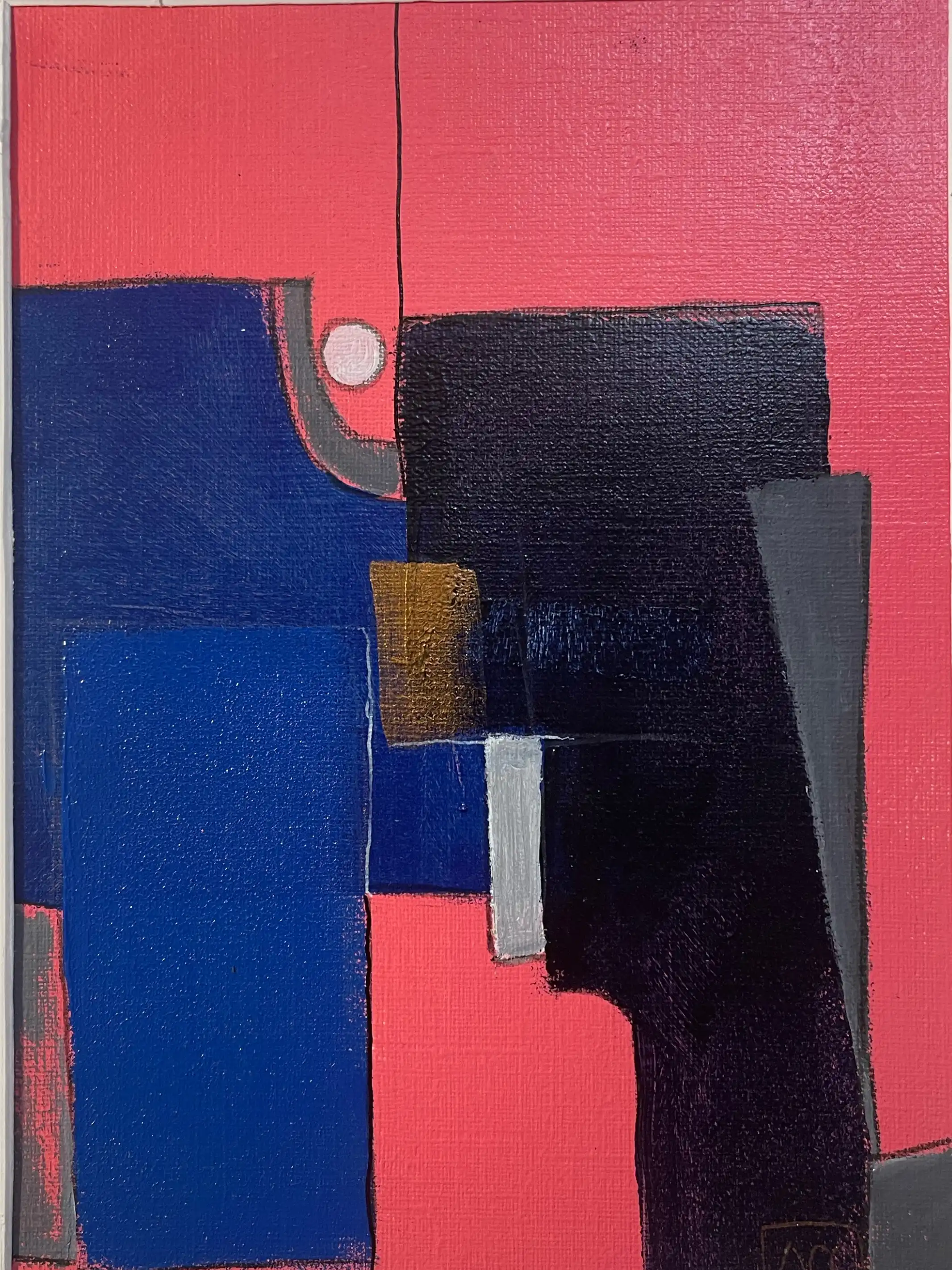 Peinture acrylique montrant des zones rouge indien, violet et noir avec des accents roux et pourpres dans un arrangement vertical