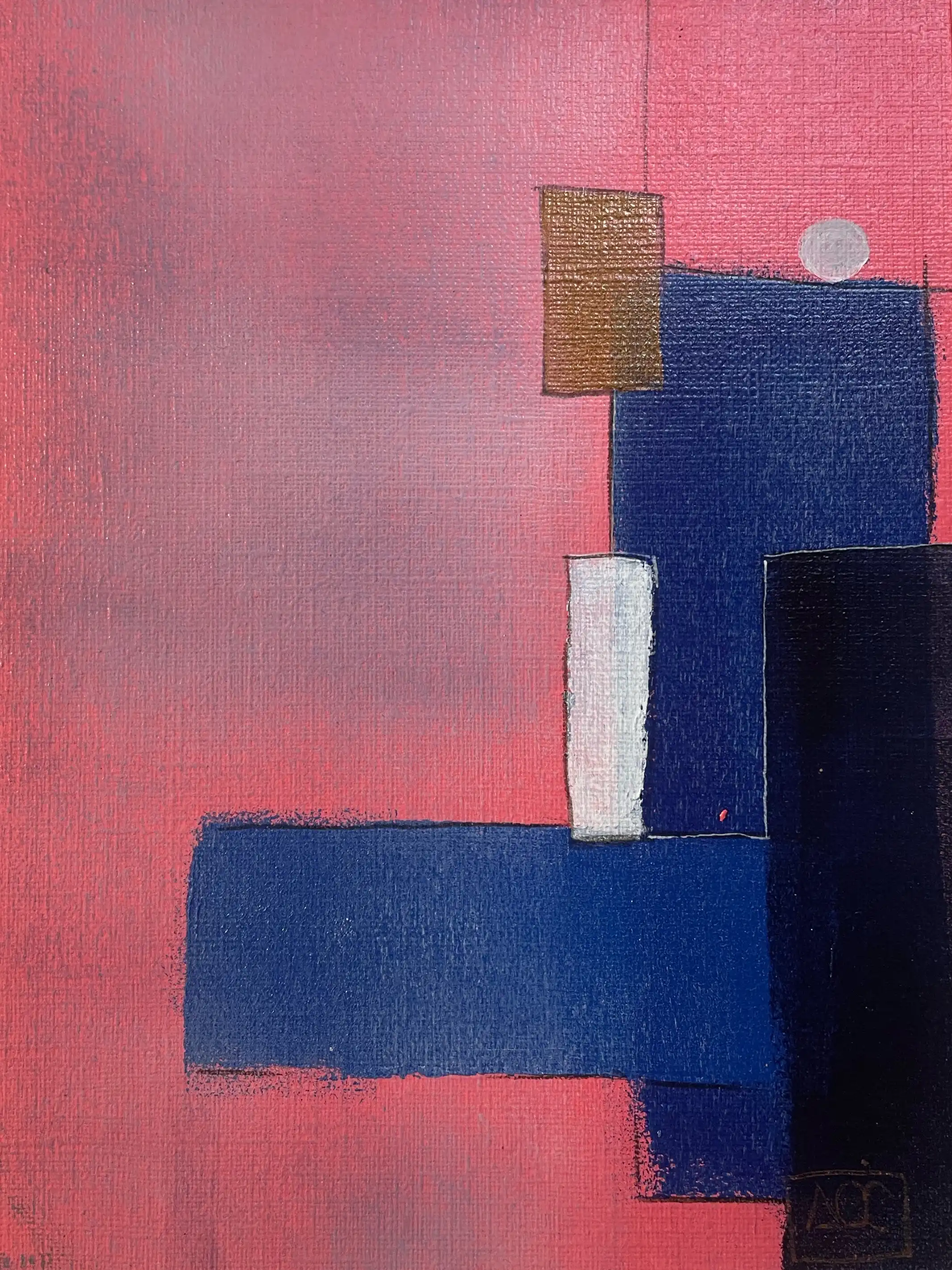 Peinture acrylique géométrique : blocs rouges, violets et bleu-violets arrangés sur fond rose dans des relations de couleurs harmoniques