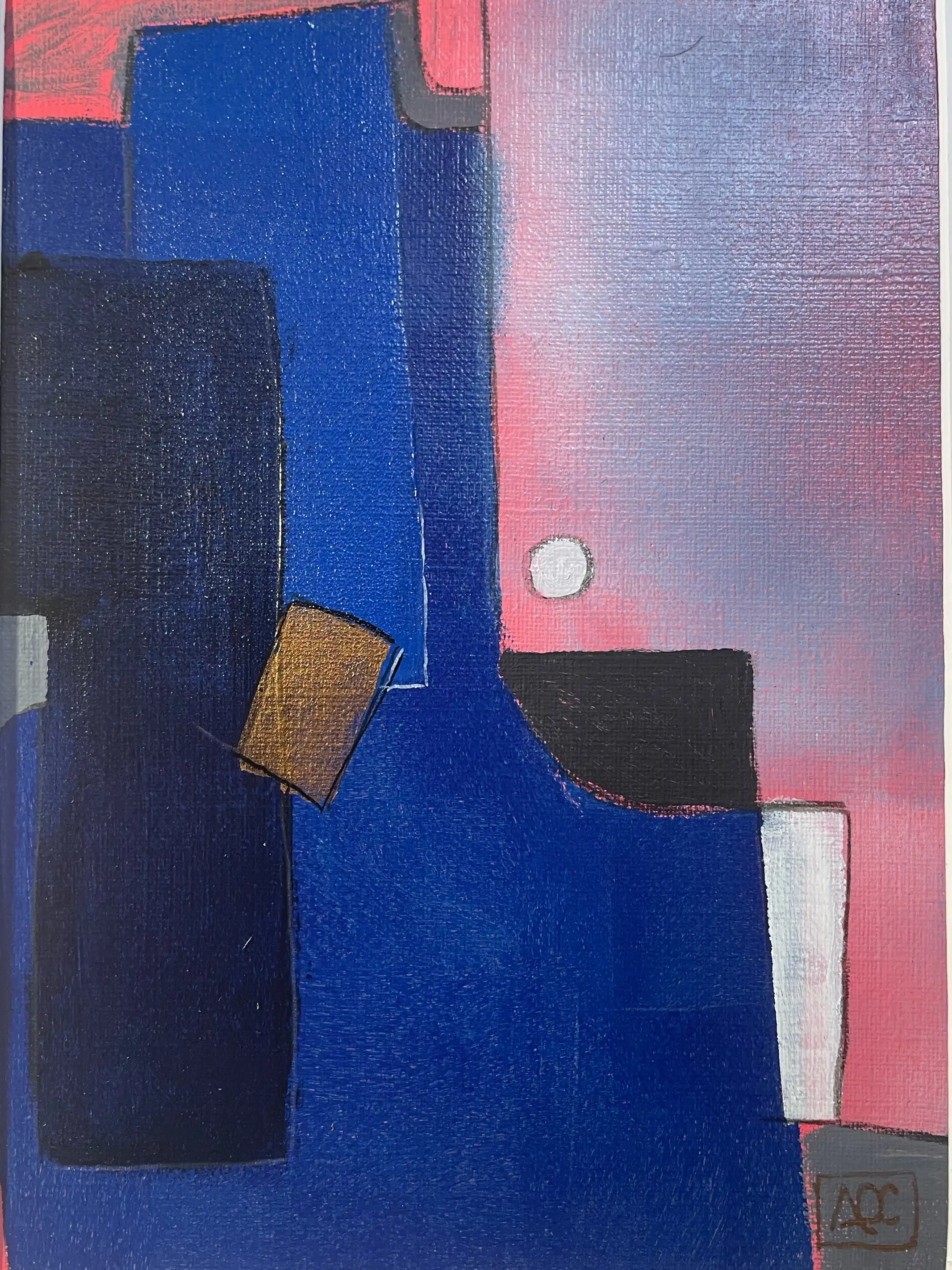 Peinture acrylique : formes géométriques violettes avec accents saumon, bleu et crème dans une composition verticale compacte