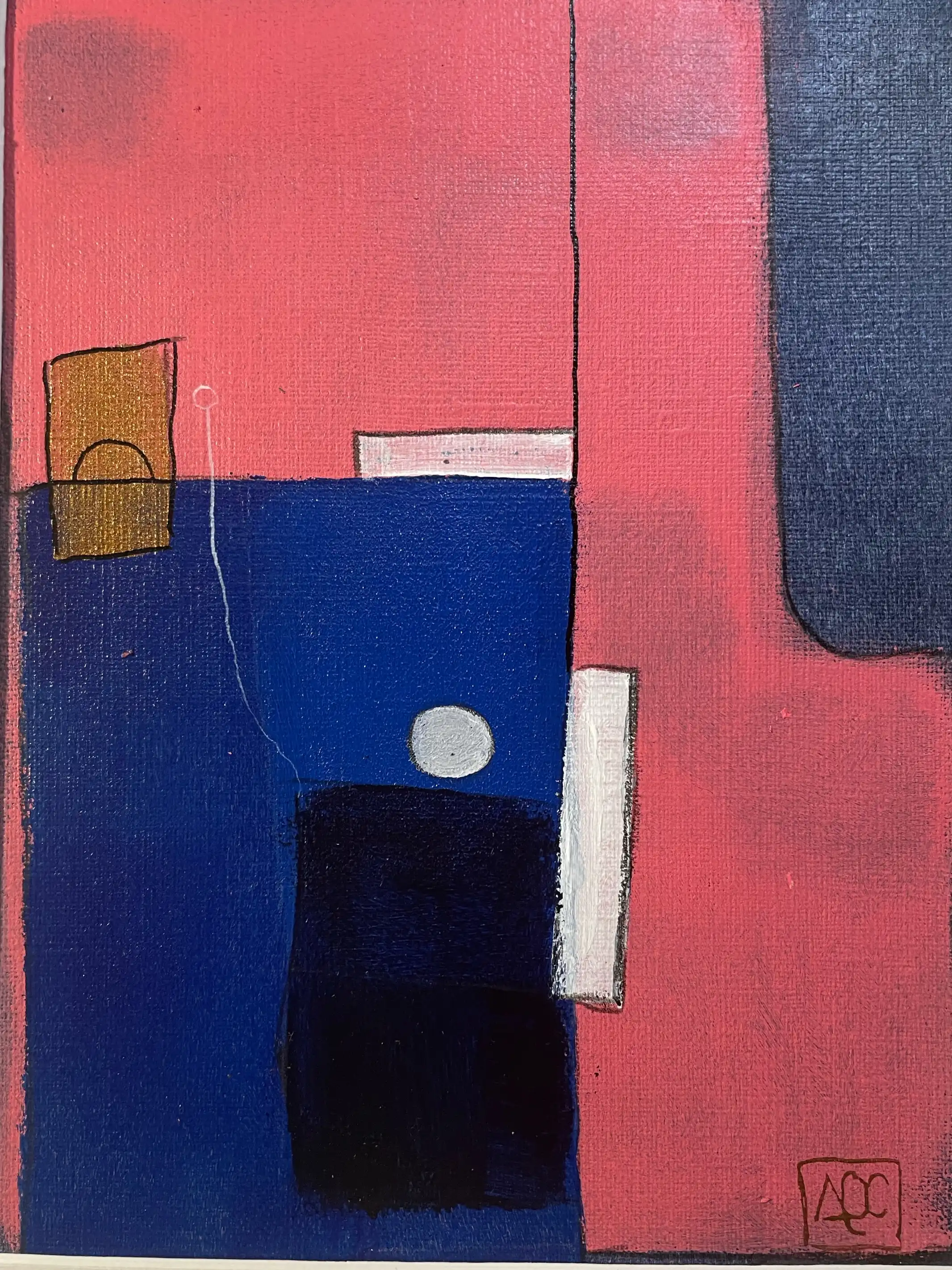 Peinture acrylique : formes géométriques rouge-orange et violet avec accents blancs en arrangement vertical