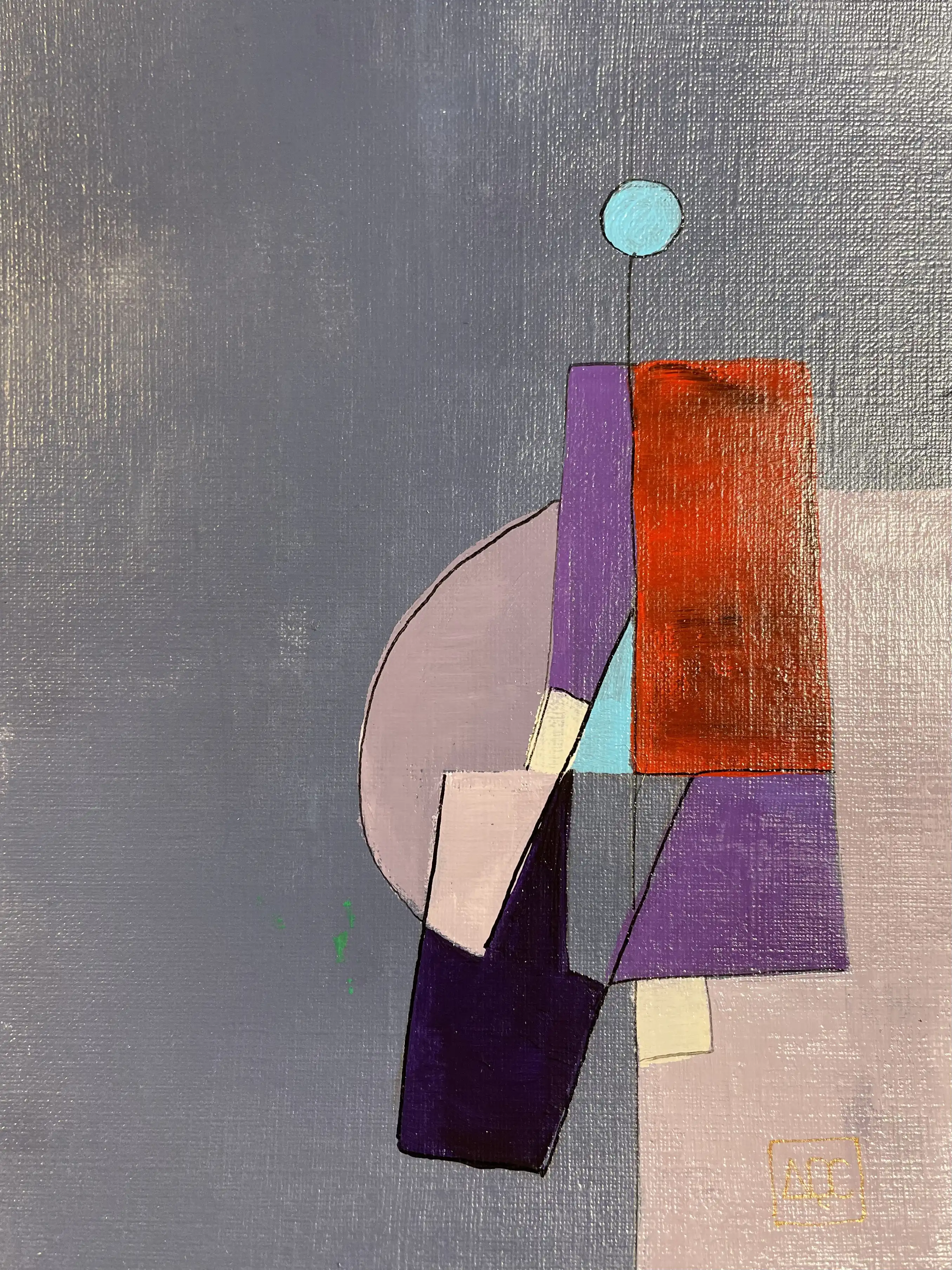 Peinture acrylique abstraite avec formes géométriques grises, rouge-orange et orange représentant l'accord La bémol Majeur à travers la couleur