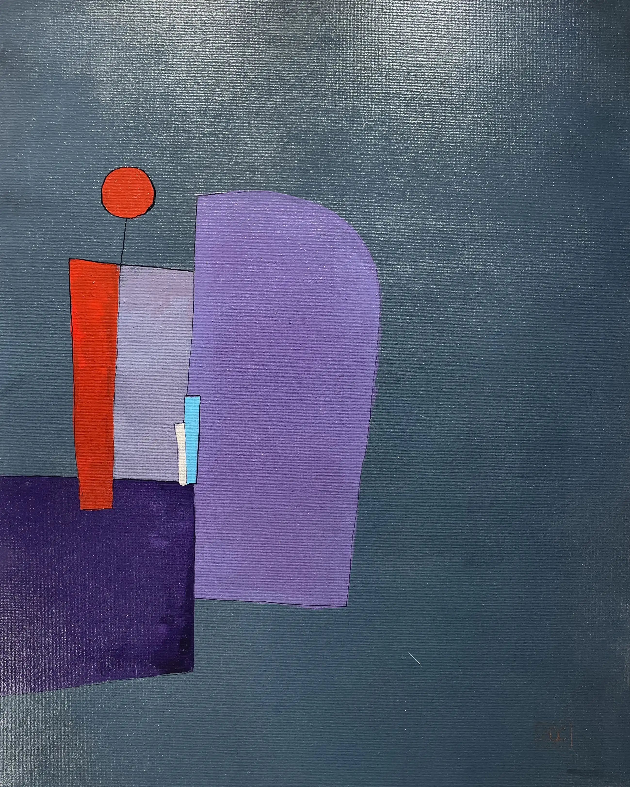 Acrylic painting with blue-violet background, red-orange rectangle, lavender form, and geometric accents