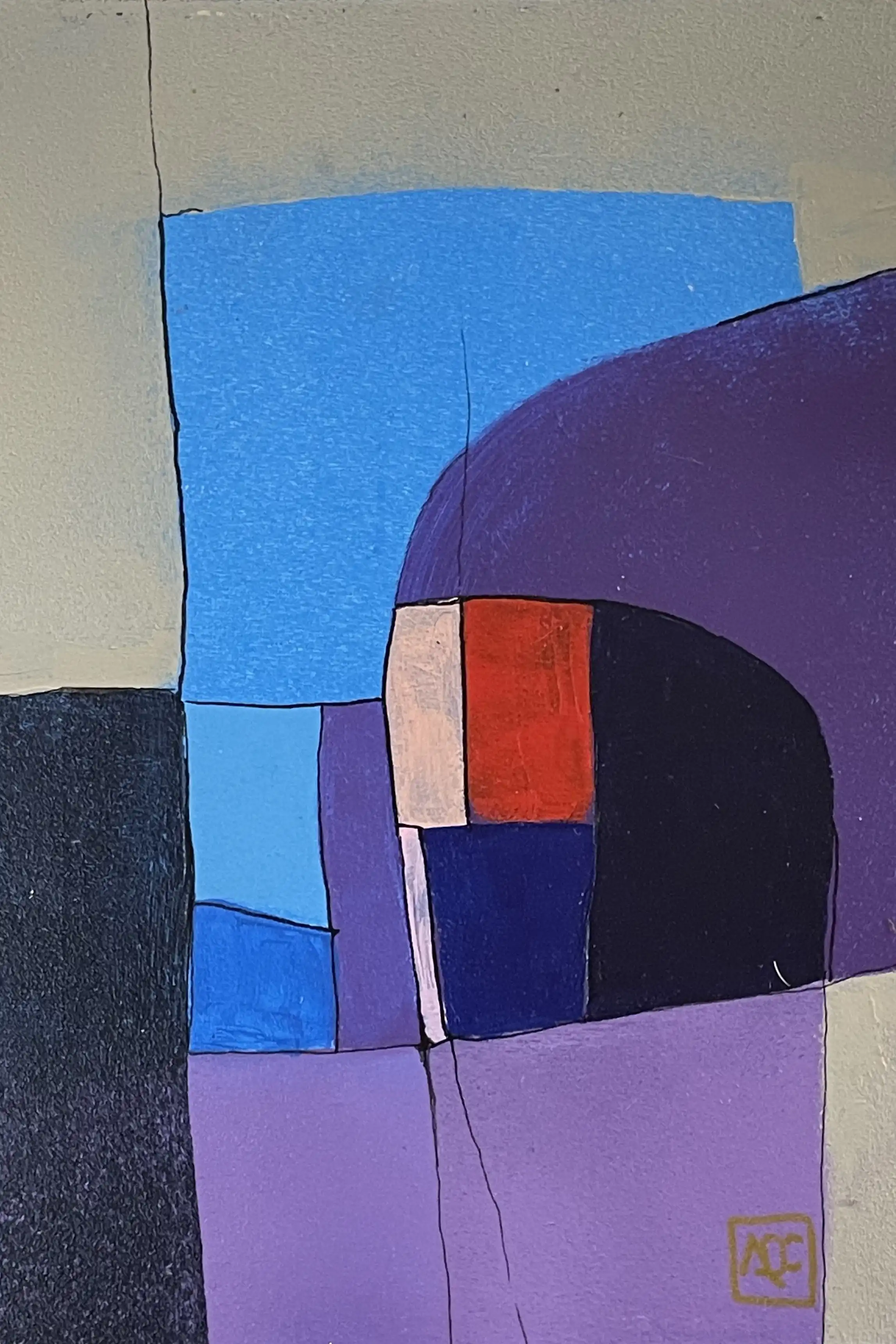 Peinture acrylique avec formes géométriques violettes et bleu-violet dominantes, zones jaune-gris, accents rouges et oranges