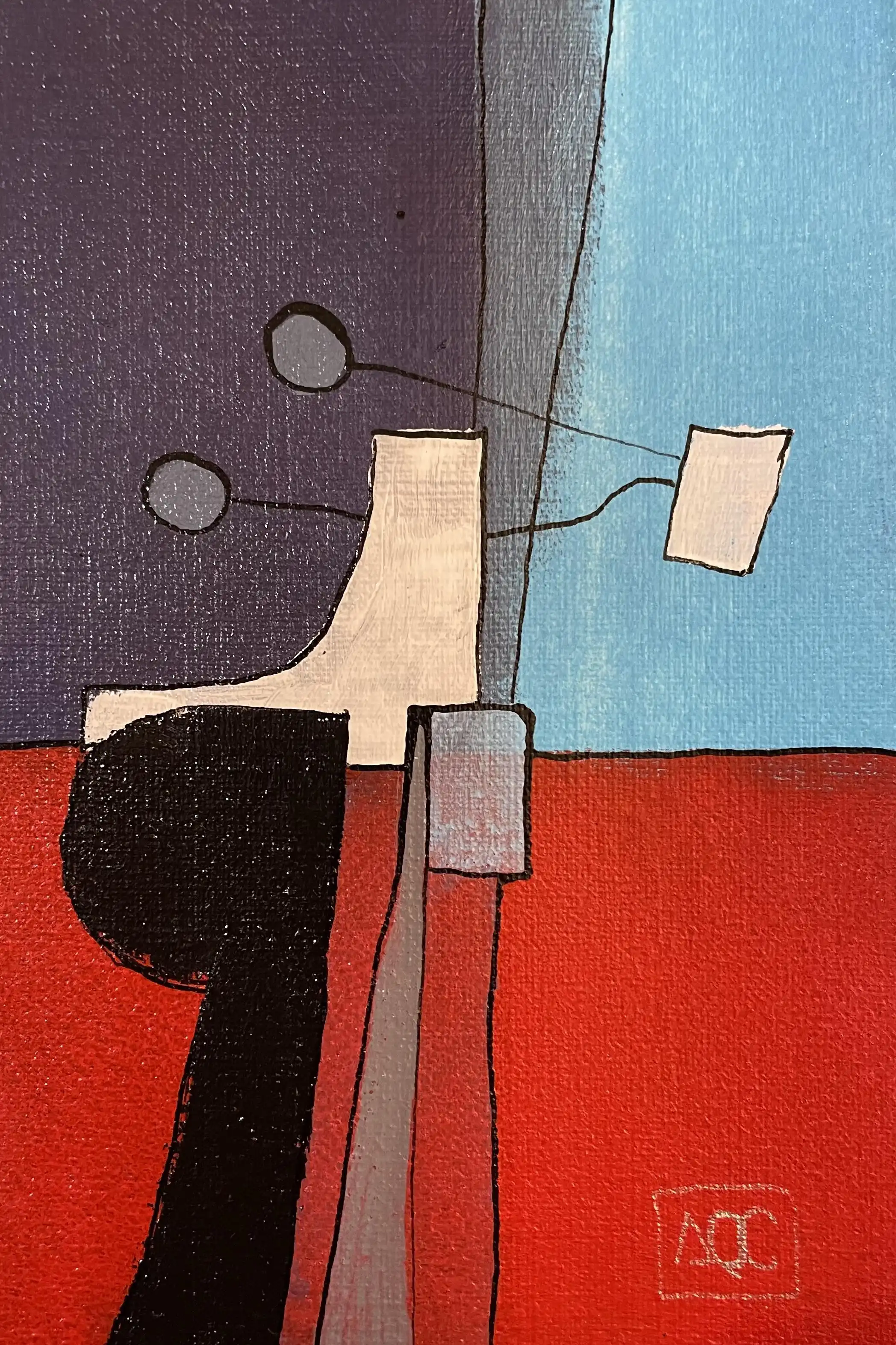 Acrylic painting: red-orange and blue geometric forms with mauve accents in vertical composition