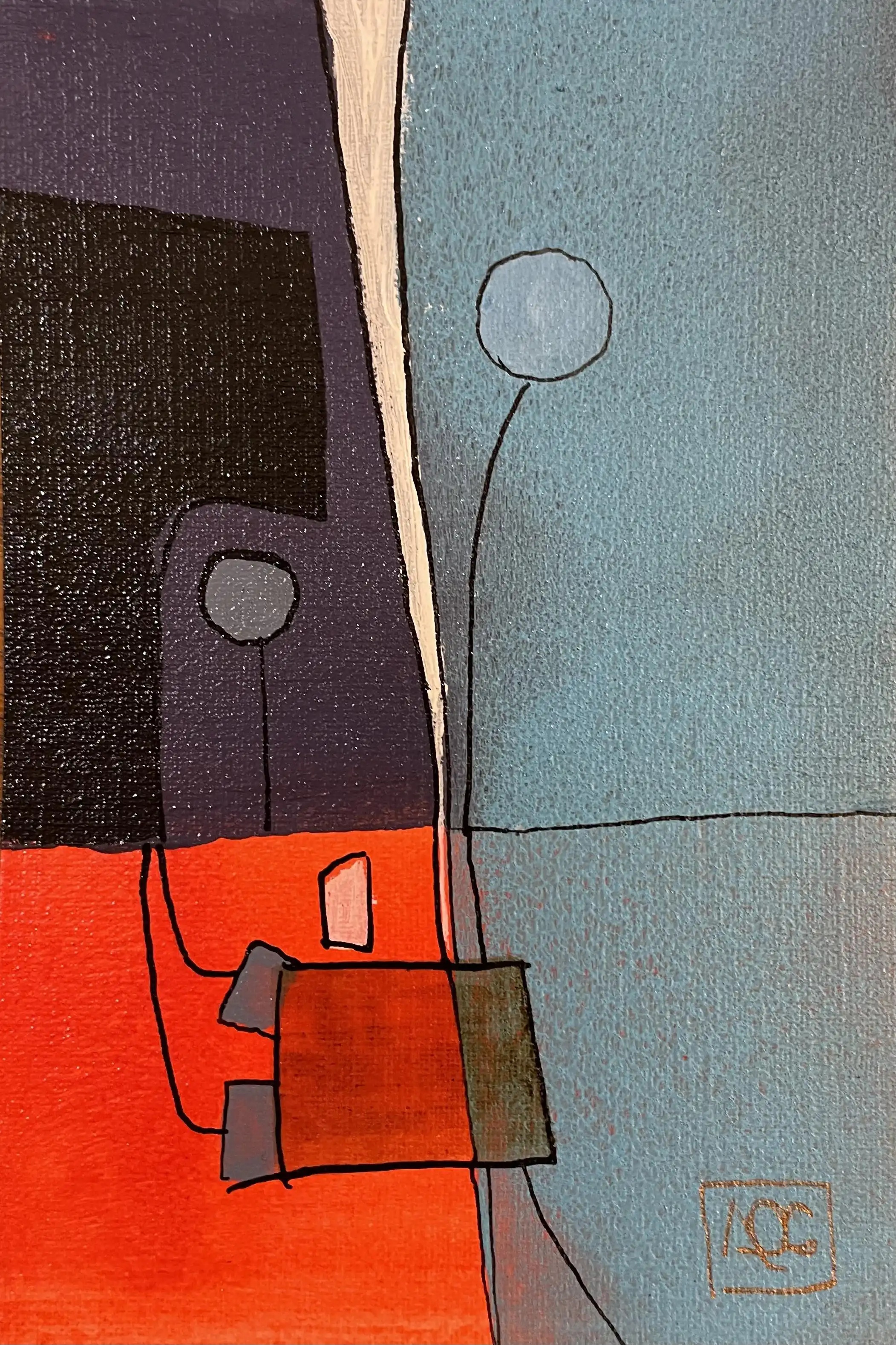La bémol Majeur - Variation 3 par Arnaud Quercy chez Art Quam Anima — peinture acrylique sur papier, Peinture acrylique avec sections géométriques bleu-vert et rouge-orange divisées par une bande verticale crème et des éléments linéaires noirs