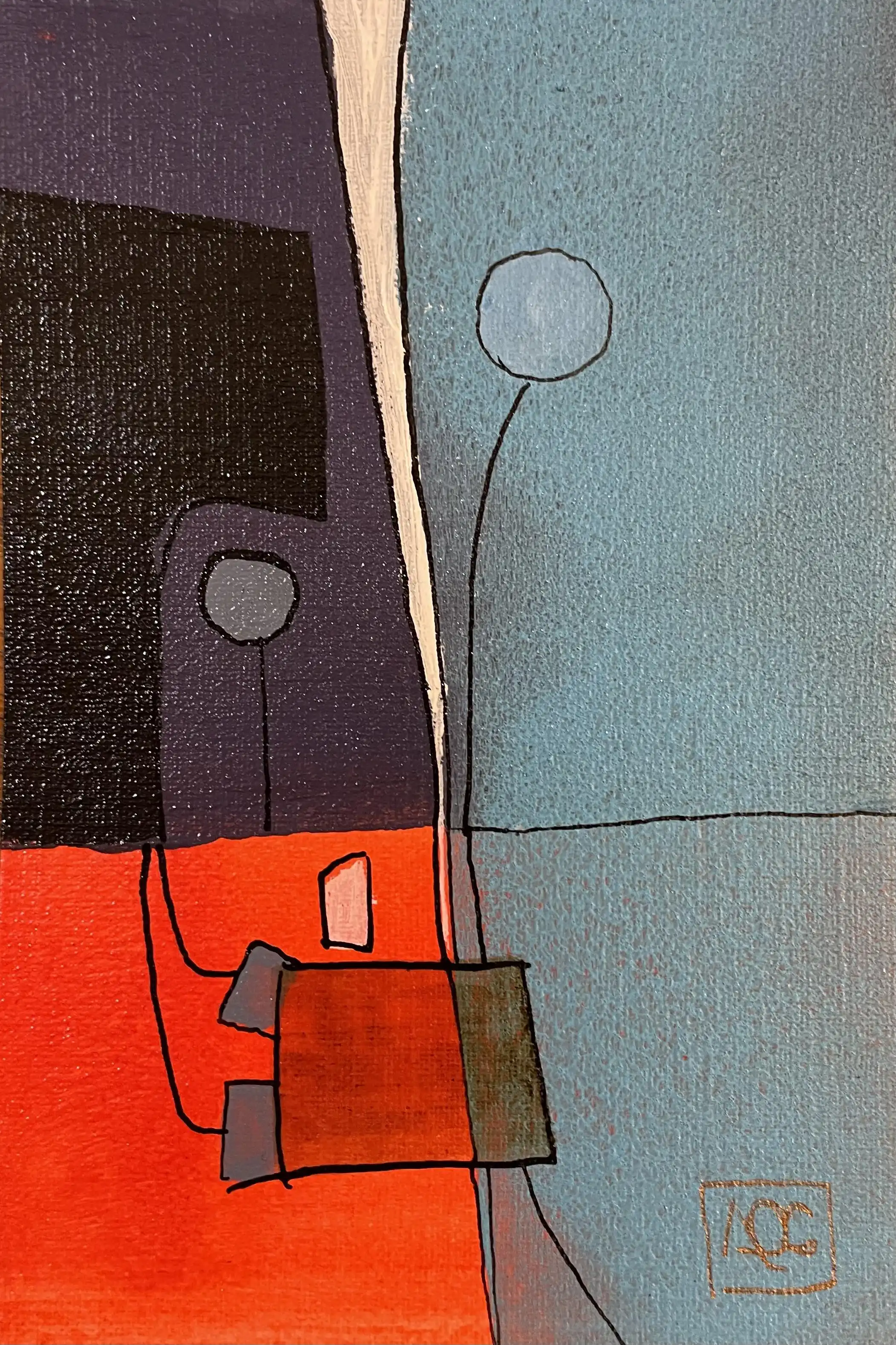 Peinture acrylique avec sections géométriques bleu-vert et rouge-orange divisées par une bande verticale crème et des éléments linéaires noirs