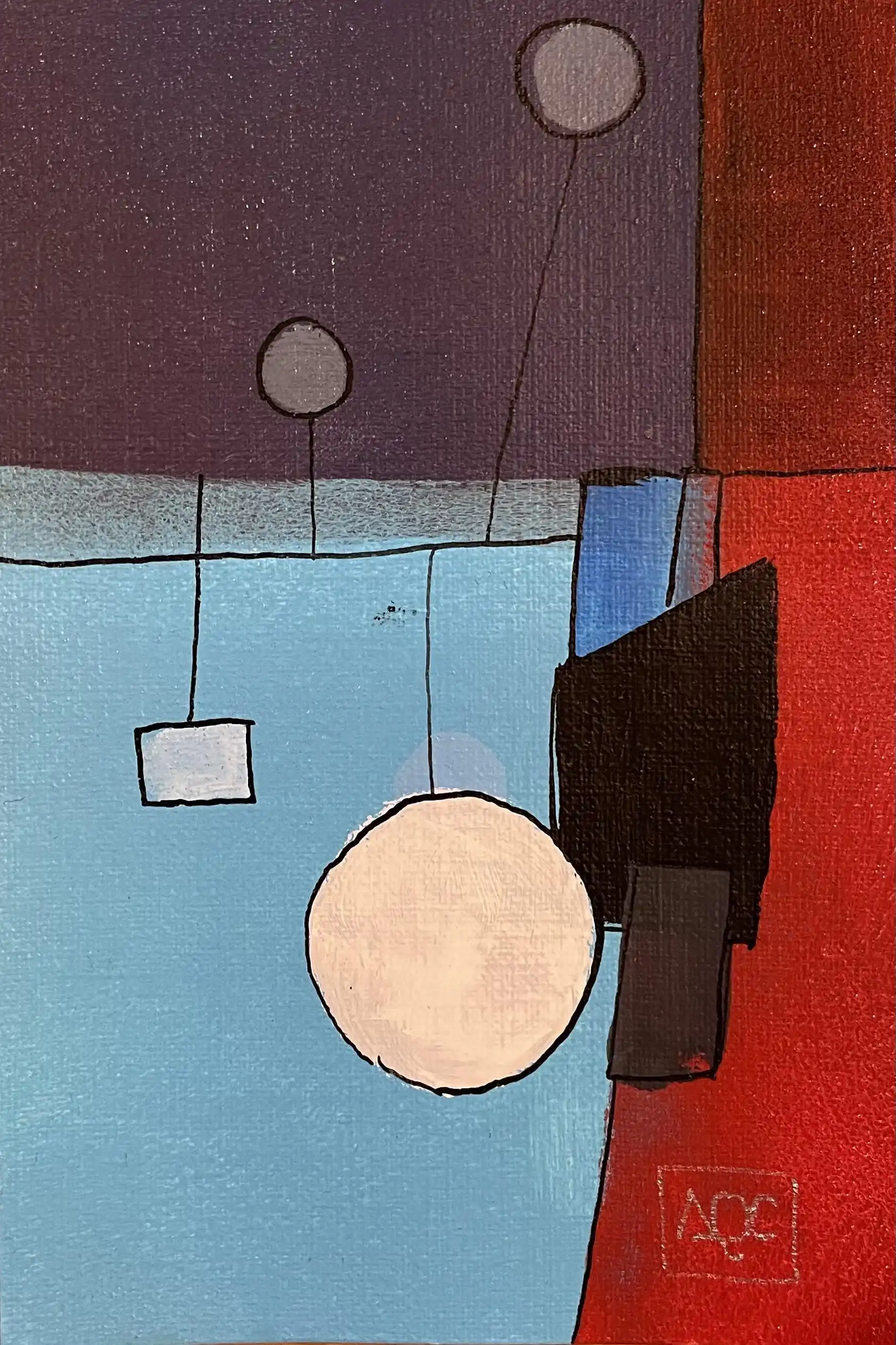 Peinture acrylique avec formes bleues, rouges et géométriques traduisant l'accord de La bémol Majeur en composition visuelle