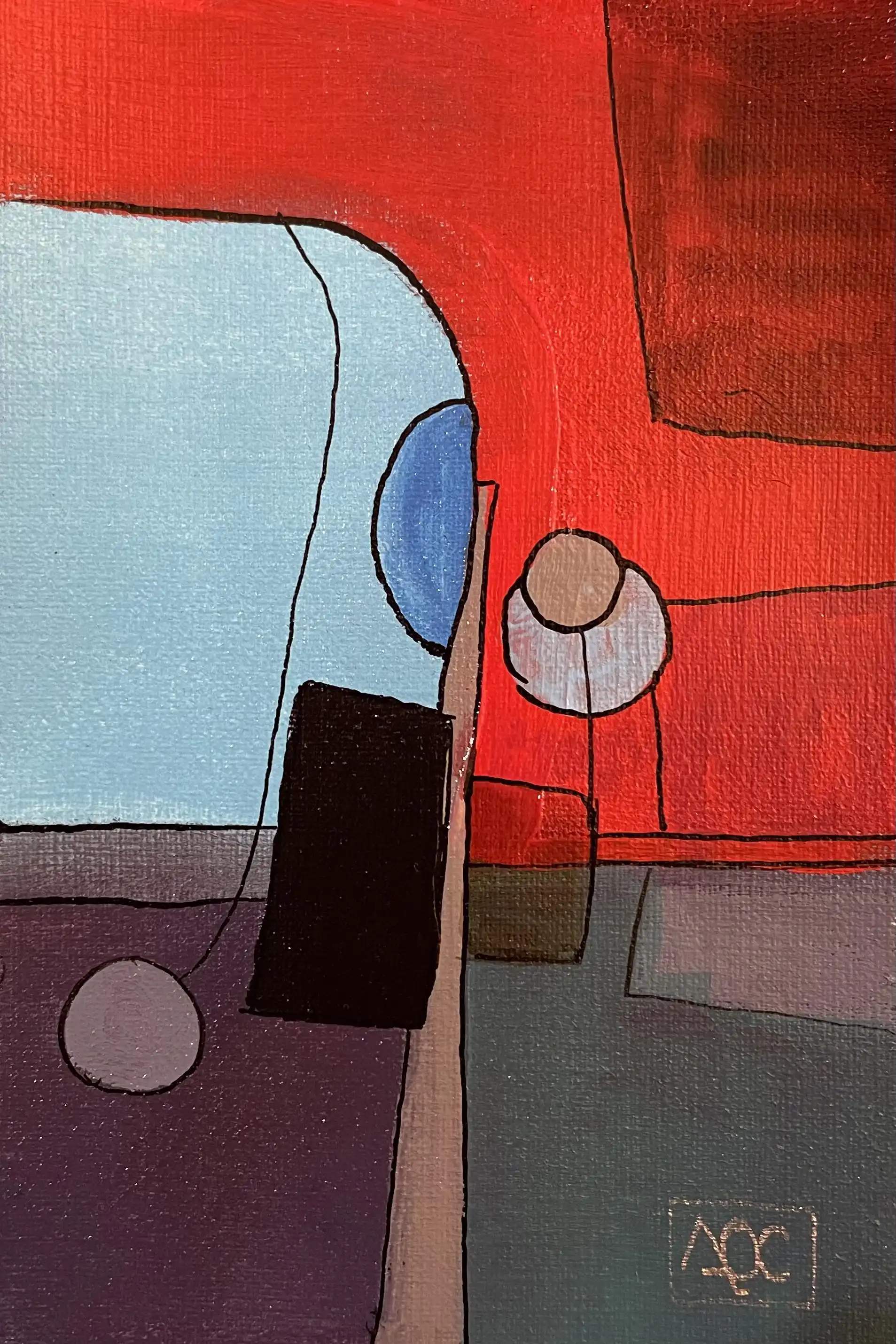 Peinture acrylique : formes géométriques rouge-orange avec éléments gris et bleus arrangés dans des relations spatiales harmoniques