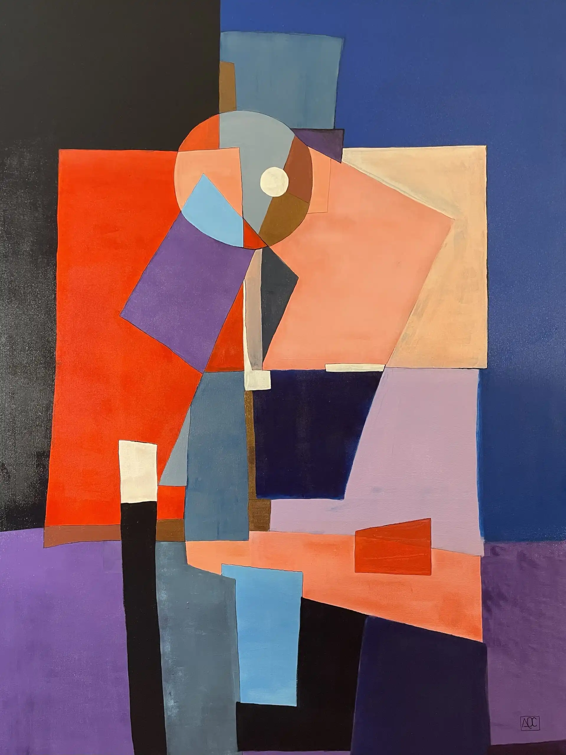 Peinture acrylique avec zones violettes et rouge-orange dominantes créant des relations de couleurs abstraites sur toile de lin