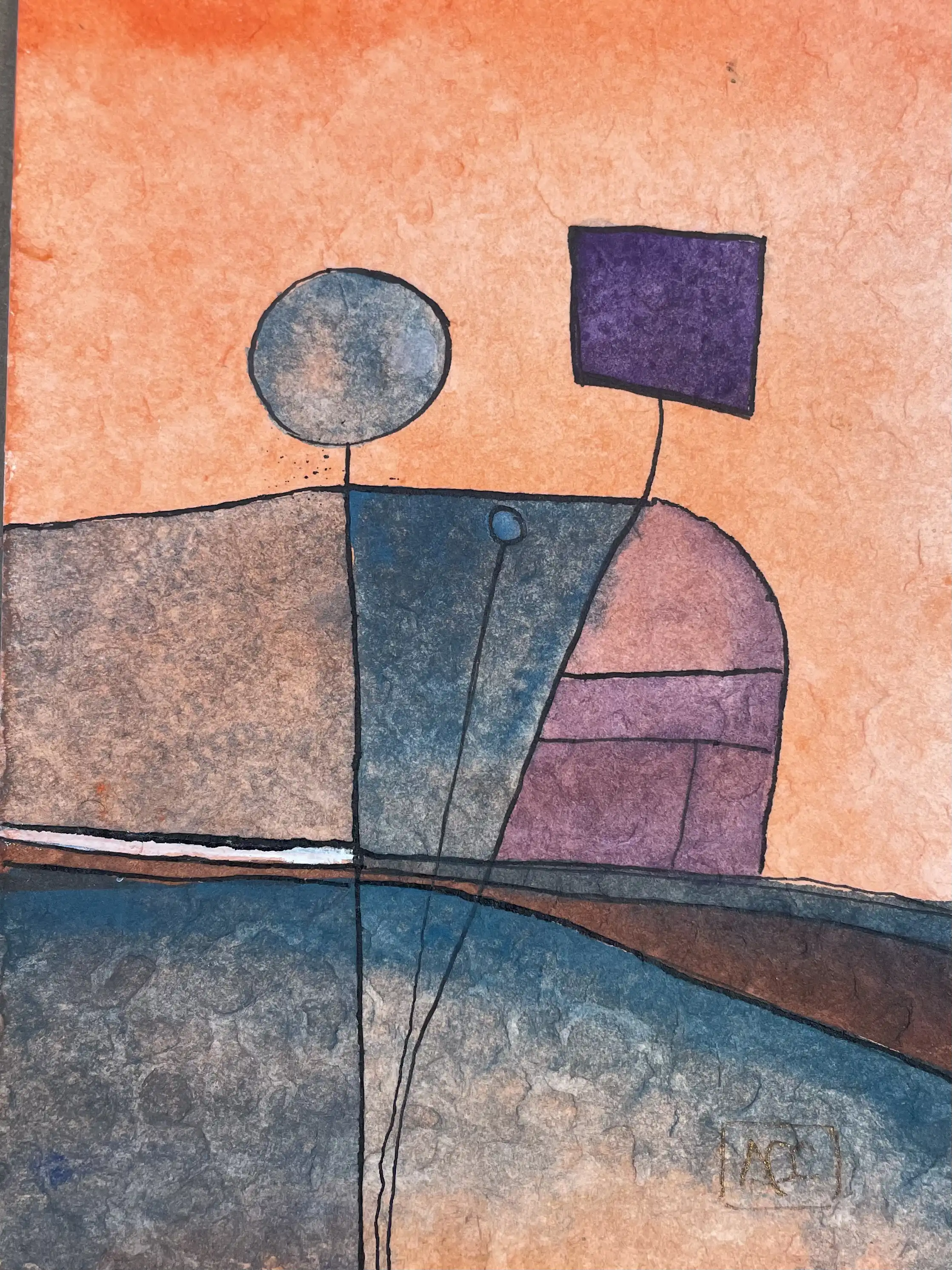Peinture aquarelle avec formes géométriques en tons orange, rouge et bleu-violet arrangées en composition structurée