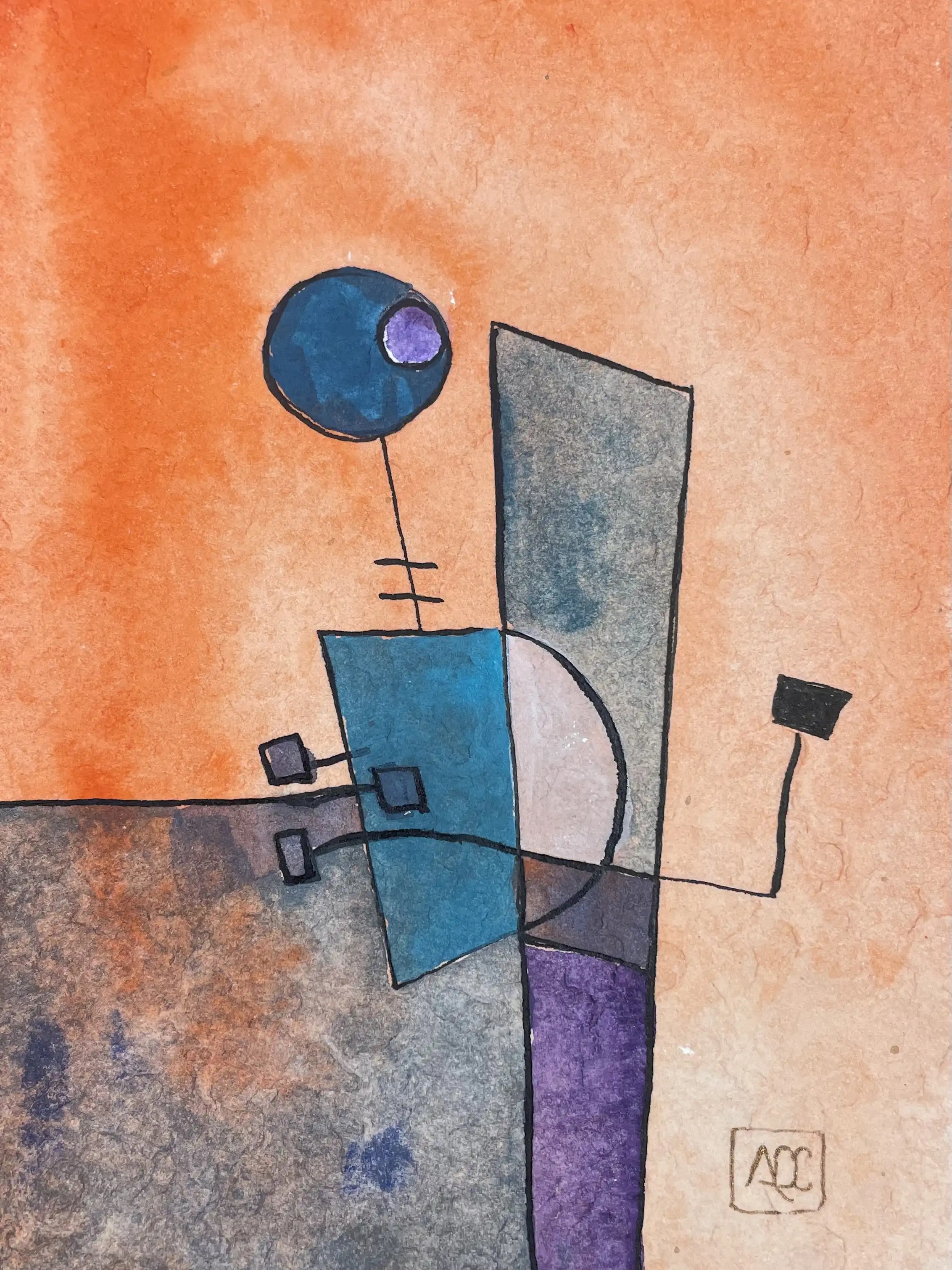 La bémol Majeur - Variation 8 par Arnaud Quercy chez Art Quam Anima — aquarelle sur papier, Aquarelle géométrique avec formes orange, cercle bleu, accents violets arrangés sur fond chaud