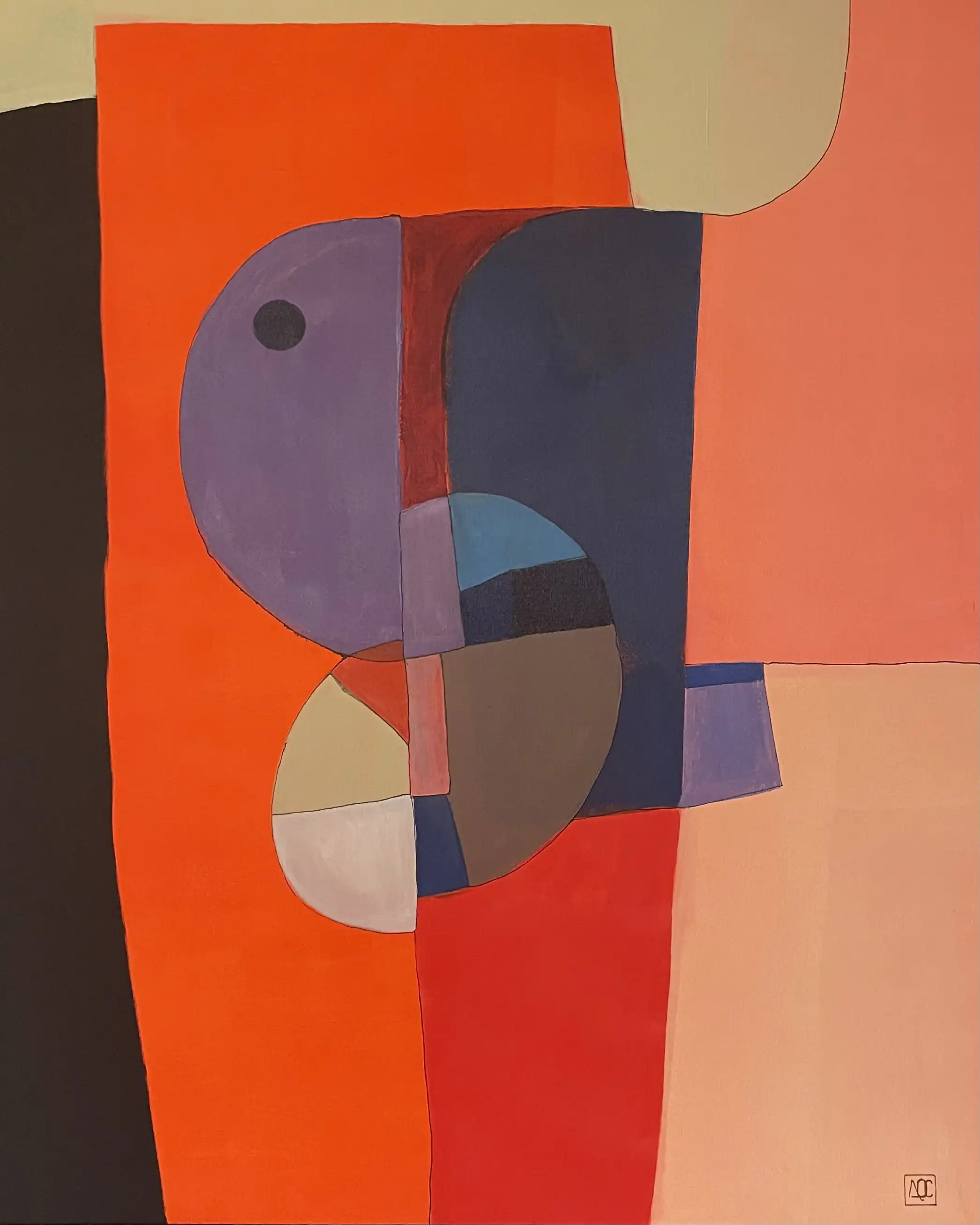 Peinture acrylique avec des formes géométriques en tons orange, violet et rouge arrangées en composition harmonique