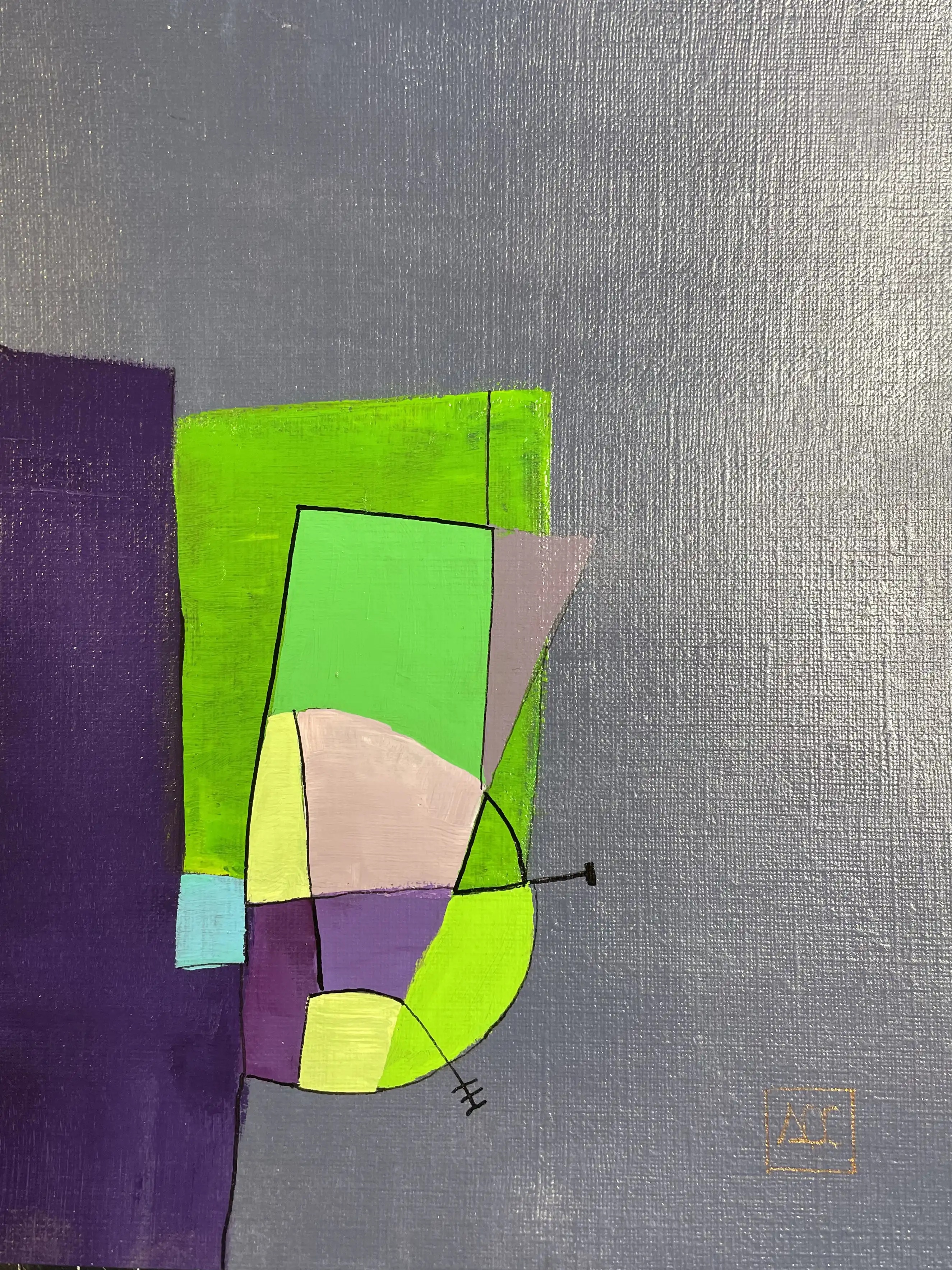 La bémol Mineur par Arnaud Quercy chez Art Quam Anima — peinture acrylique sur papier, Peinture acrylique : fond gris avec des formes géométriques violet et jaune-vert brillant créant une harmonie musicale
