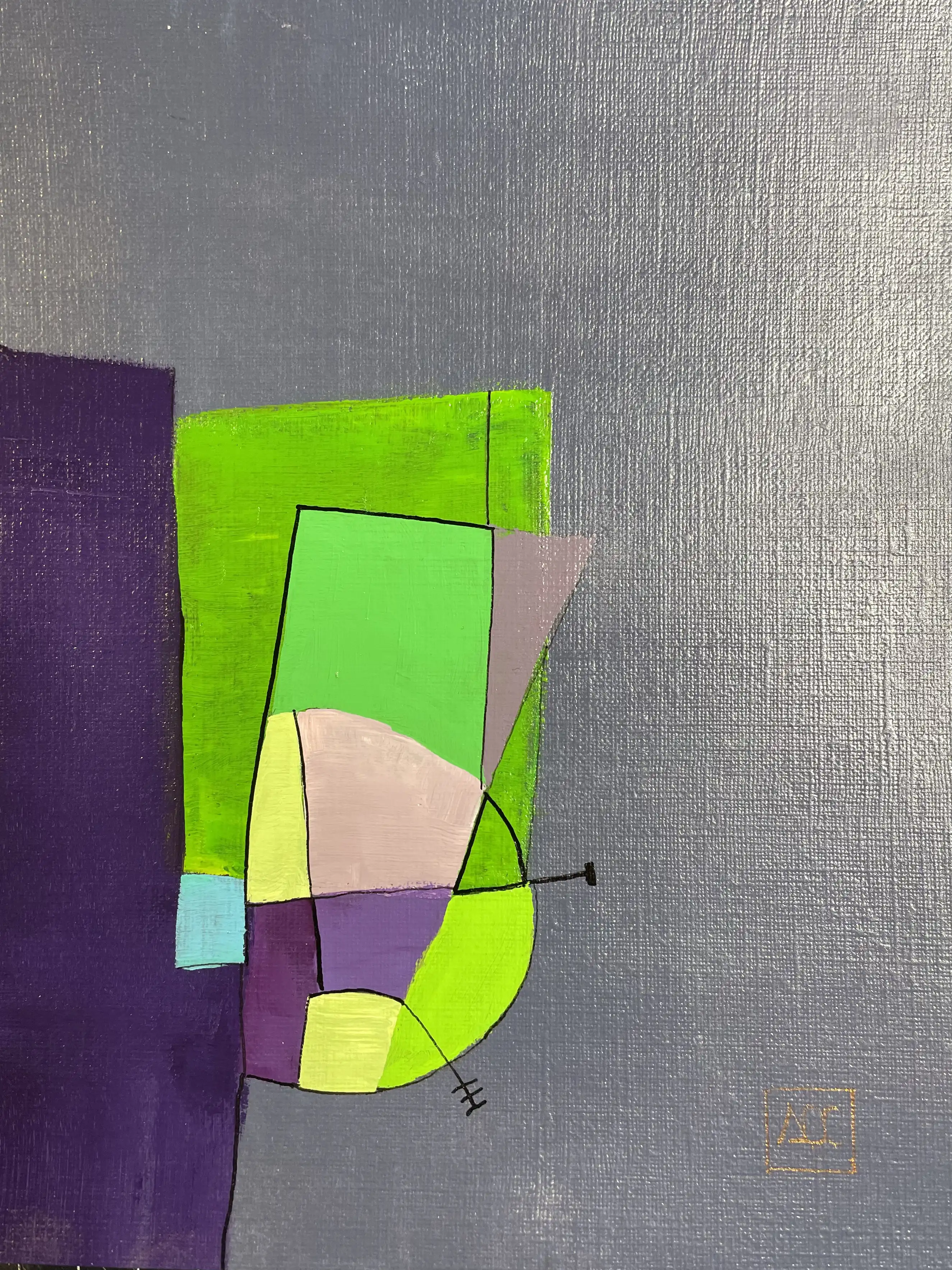 Peinture acrylique : fond gris avec des formes géométriques violet et jaune-vert brillant créant une harmonie musicale