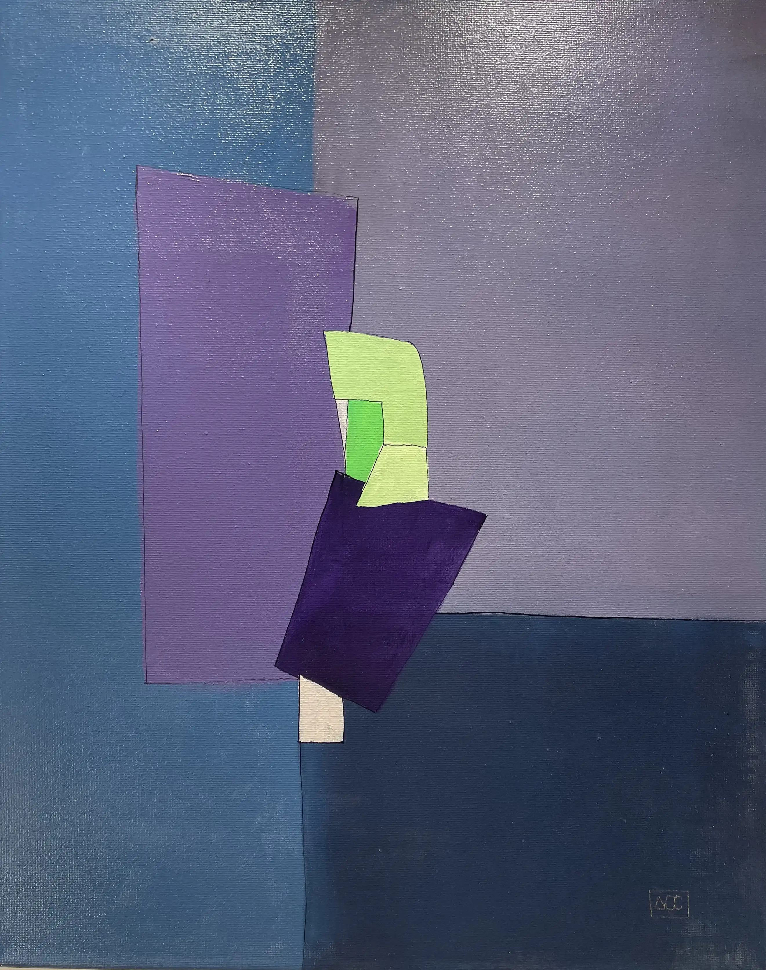 Peinture abstraite géométrique avec des formes violettes et bleu-violet arrangées verticalement avec un petit accent jaune-vert