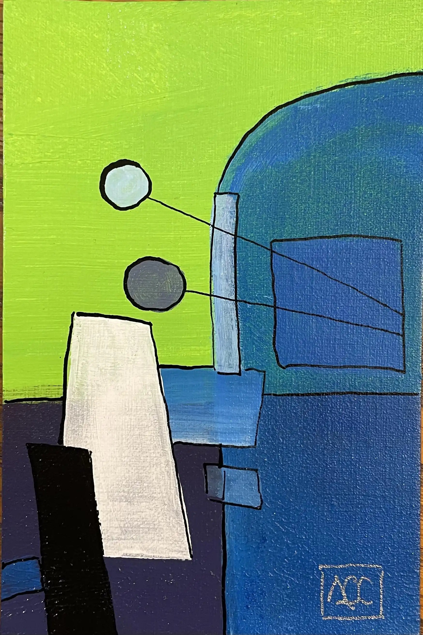 La bémol Mineur - Variation 2 par Arnaud Quercy chez Art Quam Anima — peinture acrylique sur papier, Peinture abstraite géométrique : formes jaune-vert et bleu-violet avec accents noirs en composition verticale