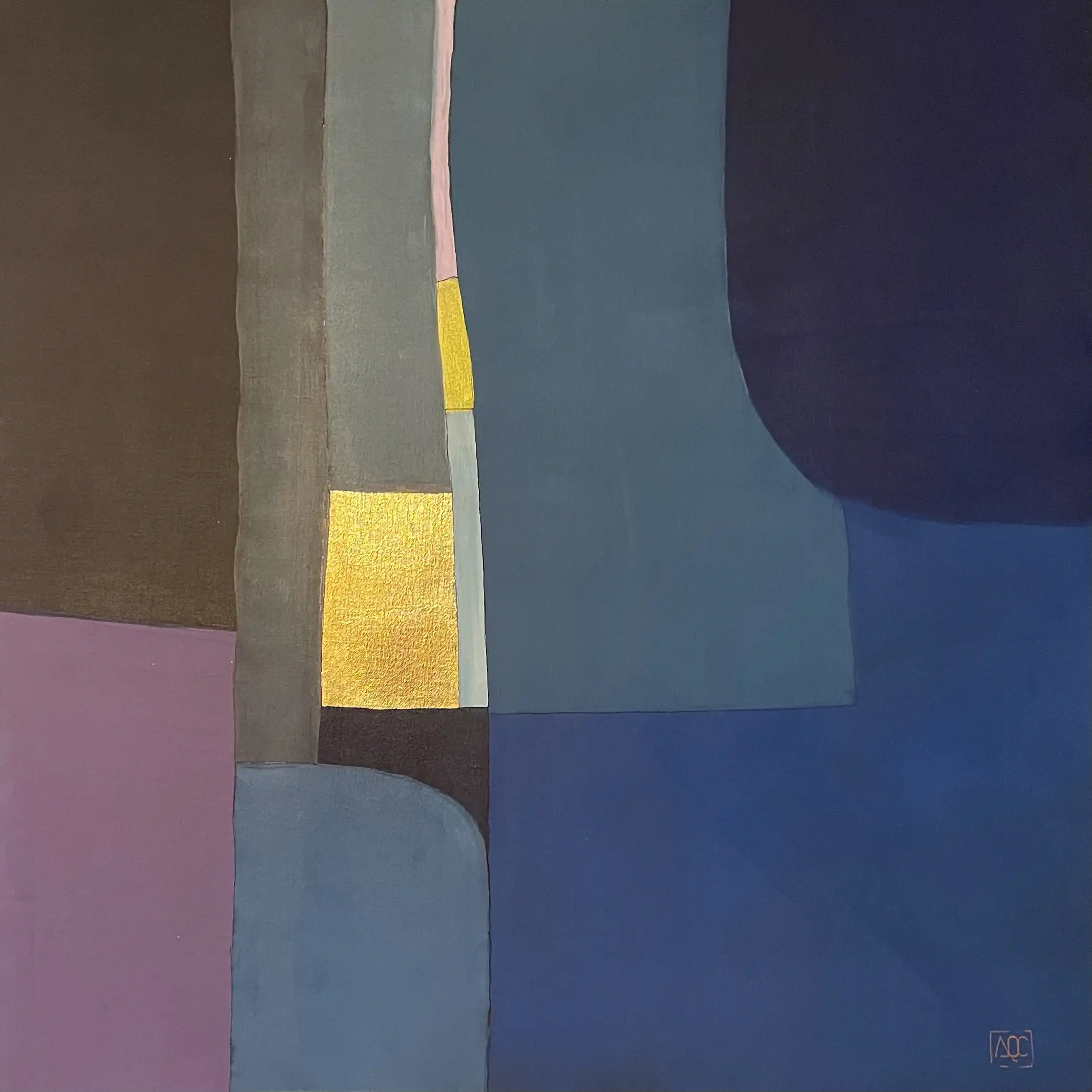 Peinture acrylique carrée avec formes géométriques bleu-violet, sections orange et accents jaune doré traduisant La bémol mineur