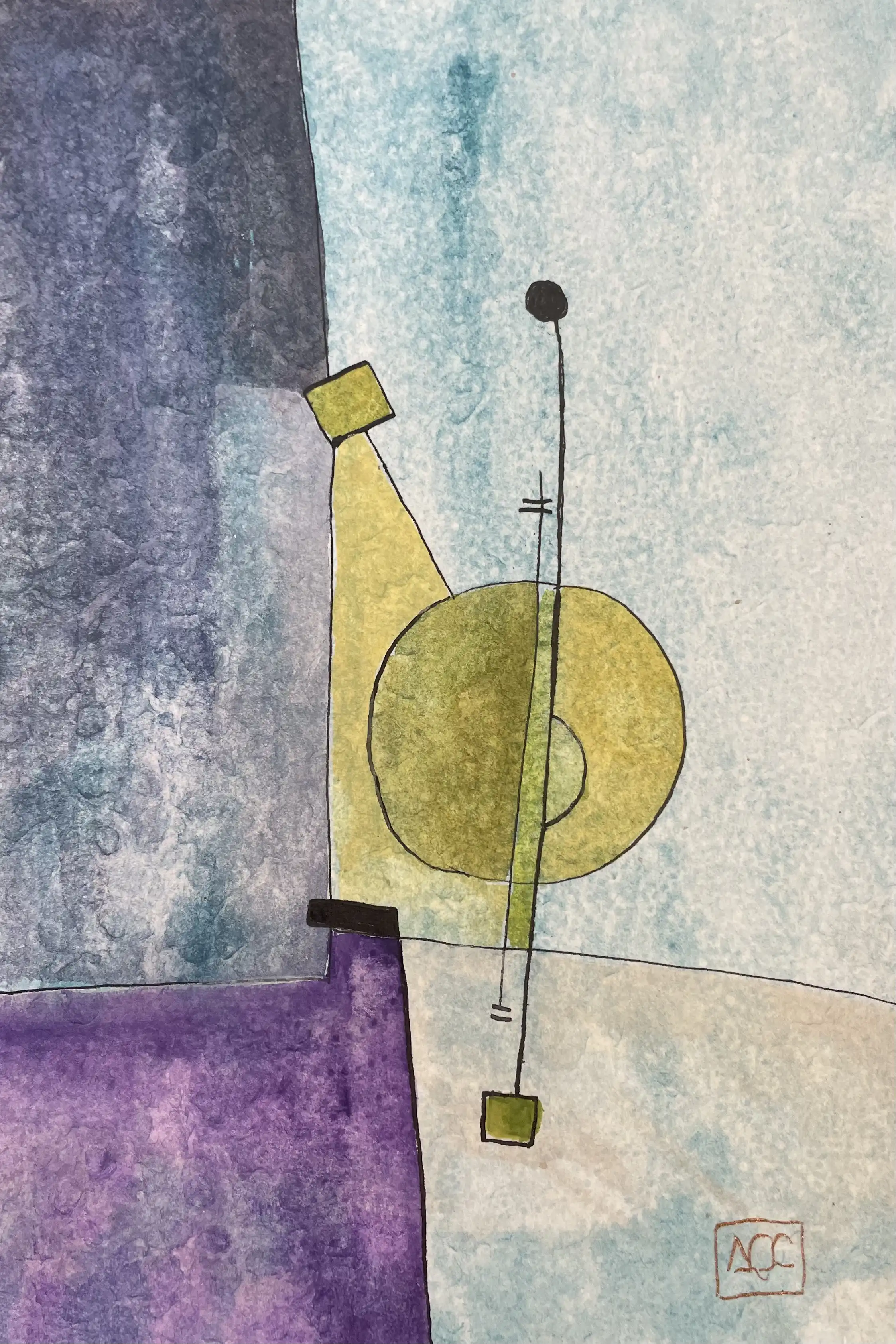 Peinture à l'aquarelle avec formes géométriques : zones jaune-vert et violettes, accents sombres, traduisant l'accord de La bémol mineur en couleur