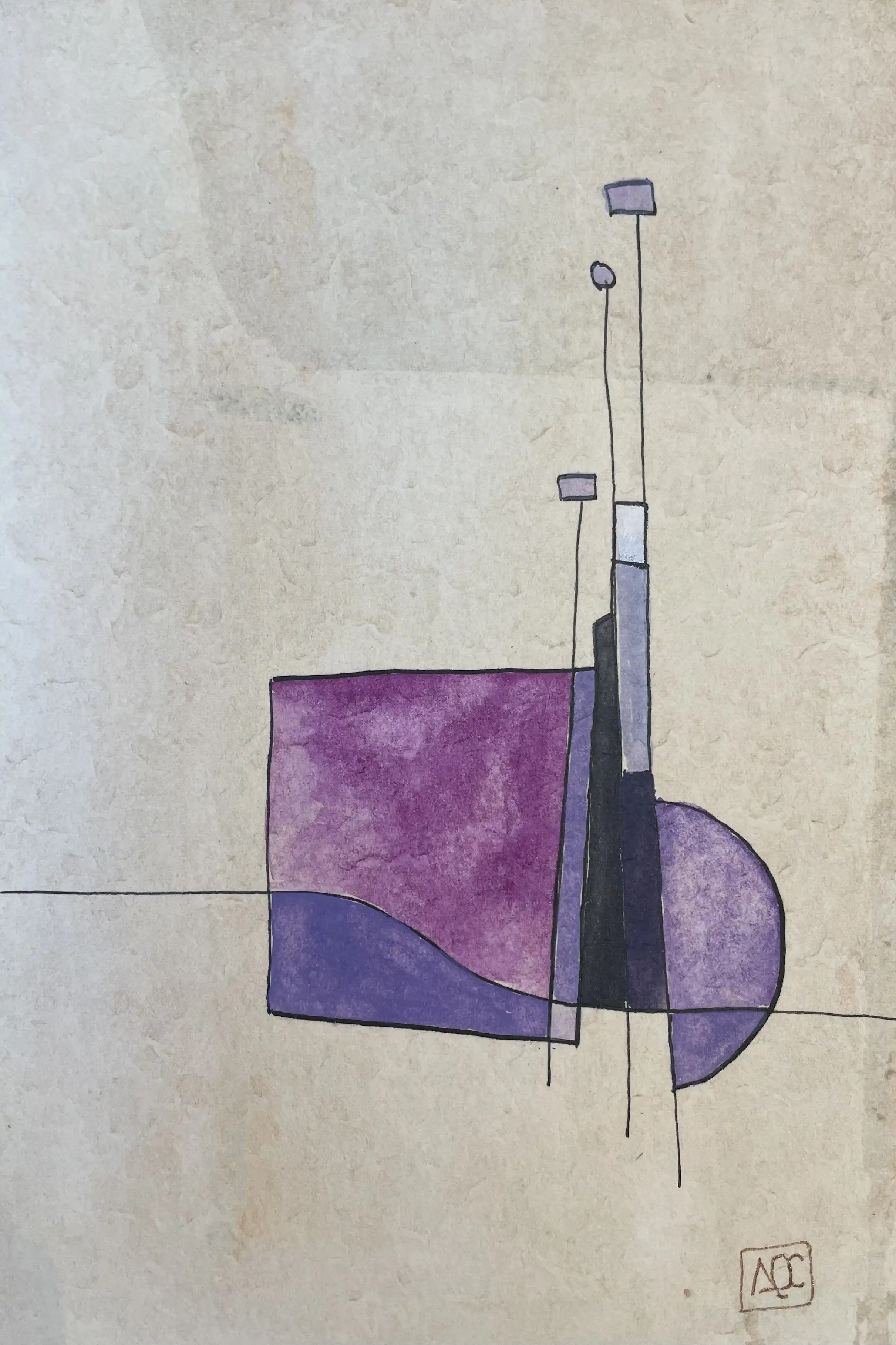 La bémol Octaves - Réflexions 14 par Arnaud Quercy chez Art Quam Anima — aquarelle sur papier, Aquarelle avec formes géométriques argentées et violettes : formes rectangulaires et courbes arrangées verticalement avec des éléments linéaires