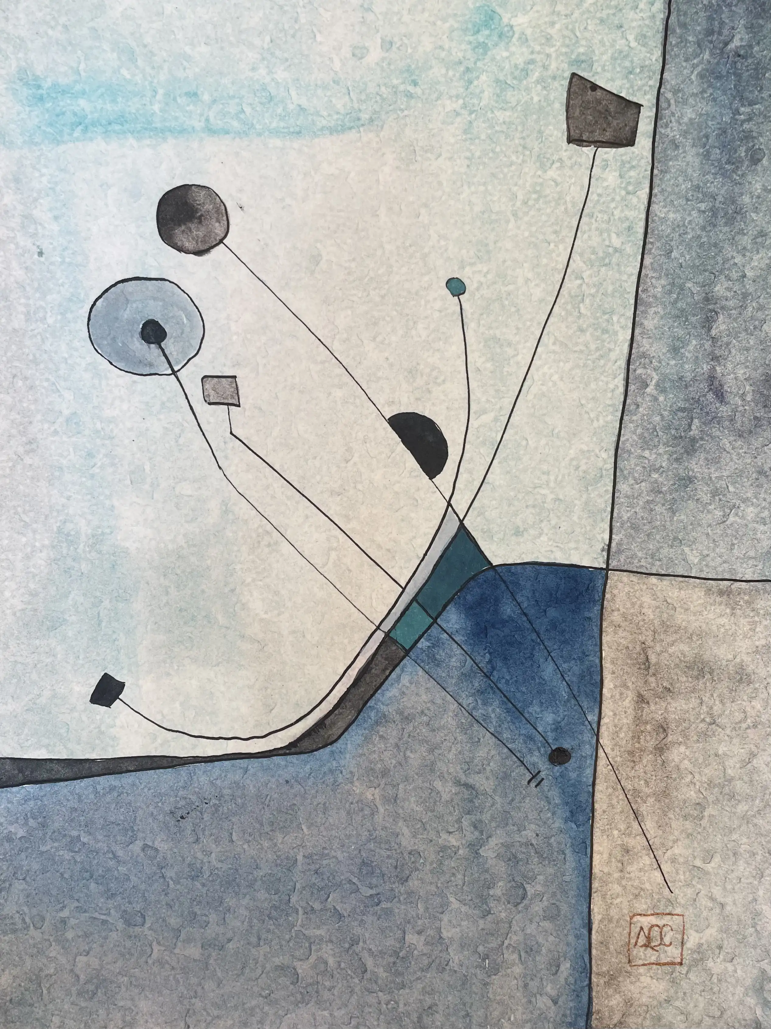 Aquarelle aux tons jaune-gris : formes circulaires et angulaires reliées par de fines lignes noires à travers la surface du papier