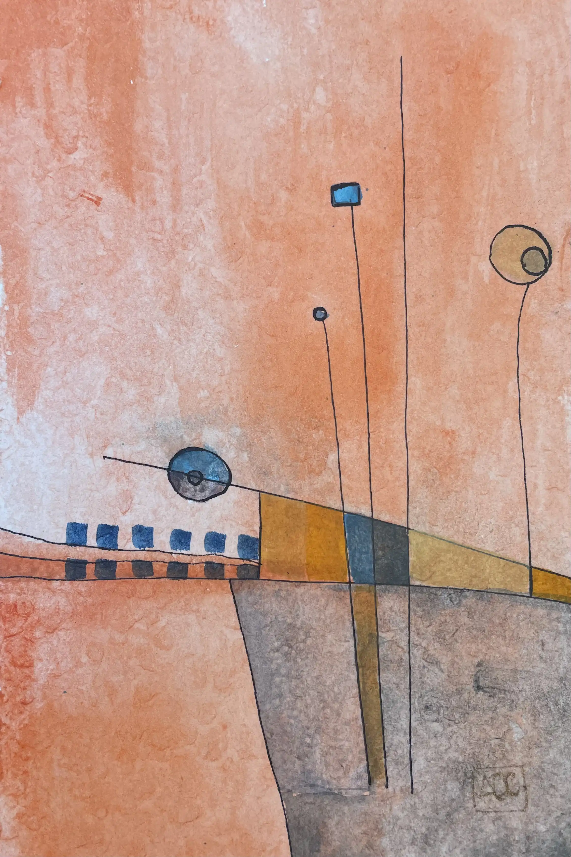 Peinture à l'aquarelle avec des lavis orange et rouge-orange, formes géométriques, et carrés d'accent bleu sur papier