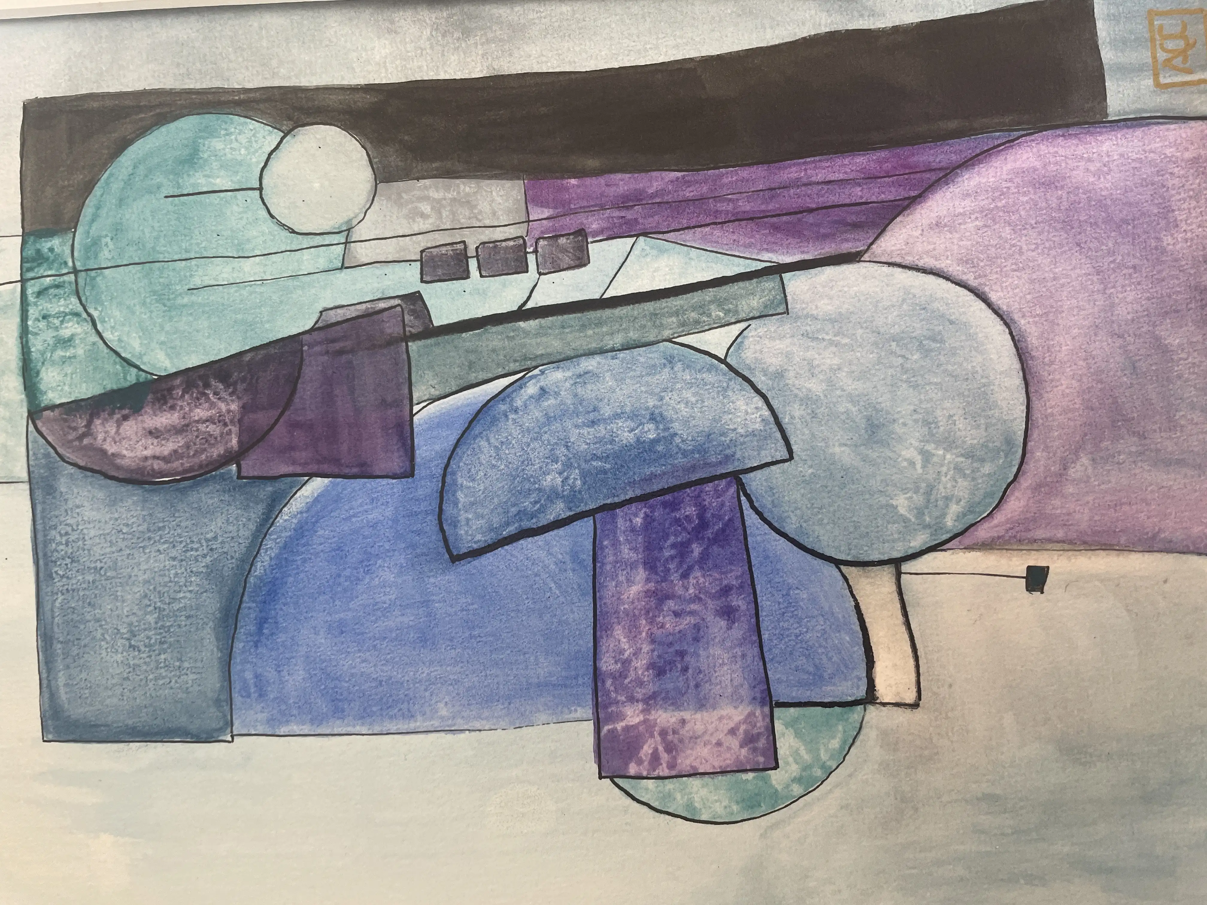 Aquarelle avec formes géométriques jaune-orange, gris et bleu-violet créant des relations chromatiques harmoniques