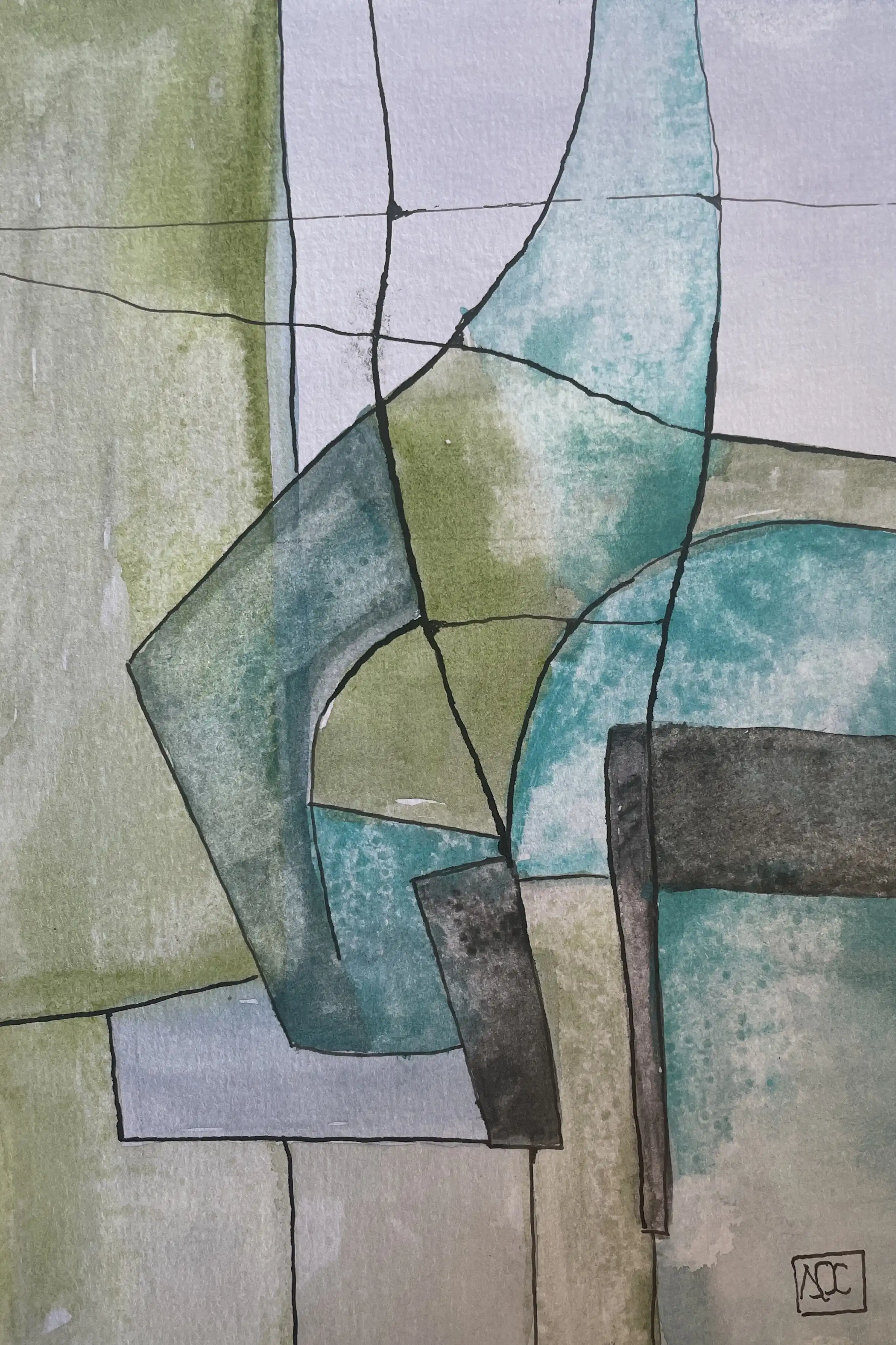 Arches de Porto Venere par Arnaud Quercy chez Art Quam Anima — aquarelle sur papier, Aquarelle abstraite montrant des formes géométriques en tons gris et bleu-vert suggérant des arches architecturales et des structures côtières