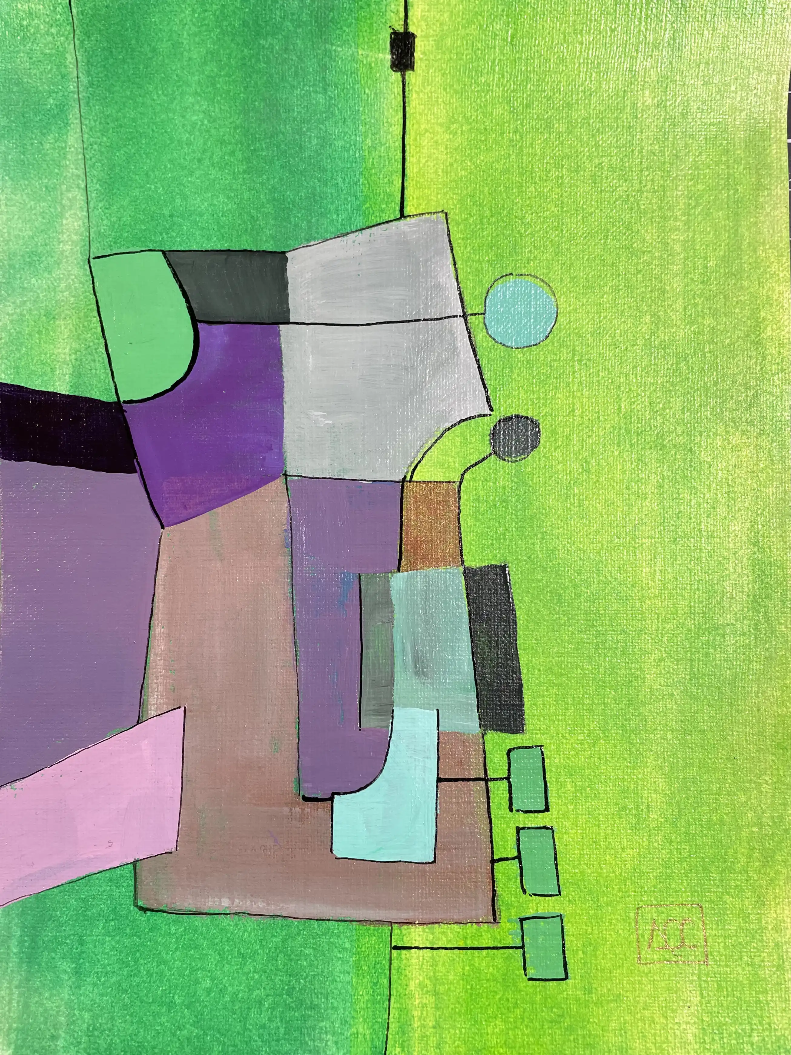Peinture acrylique avec formes géométriques jaune-vert, rectangles violets, et accents orange en composition abstraite