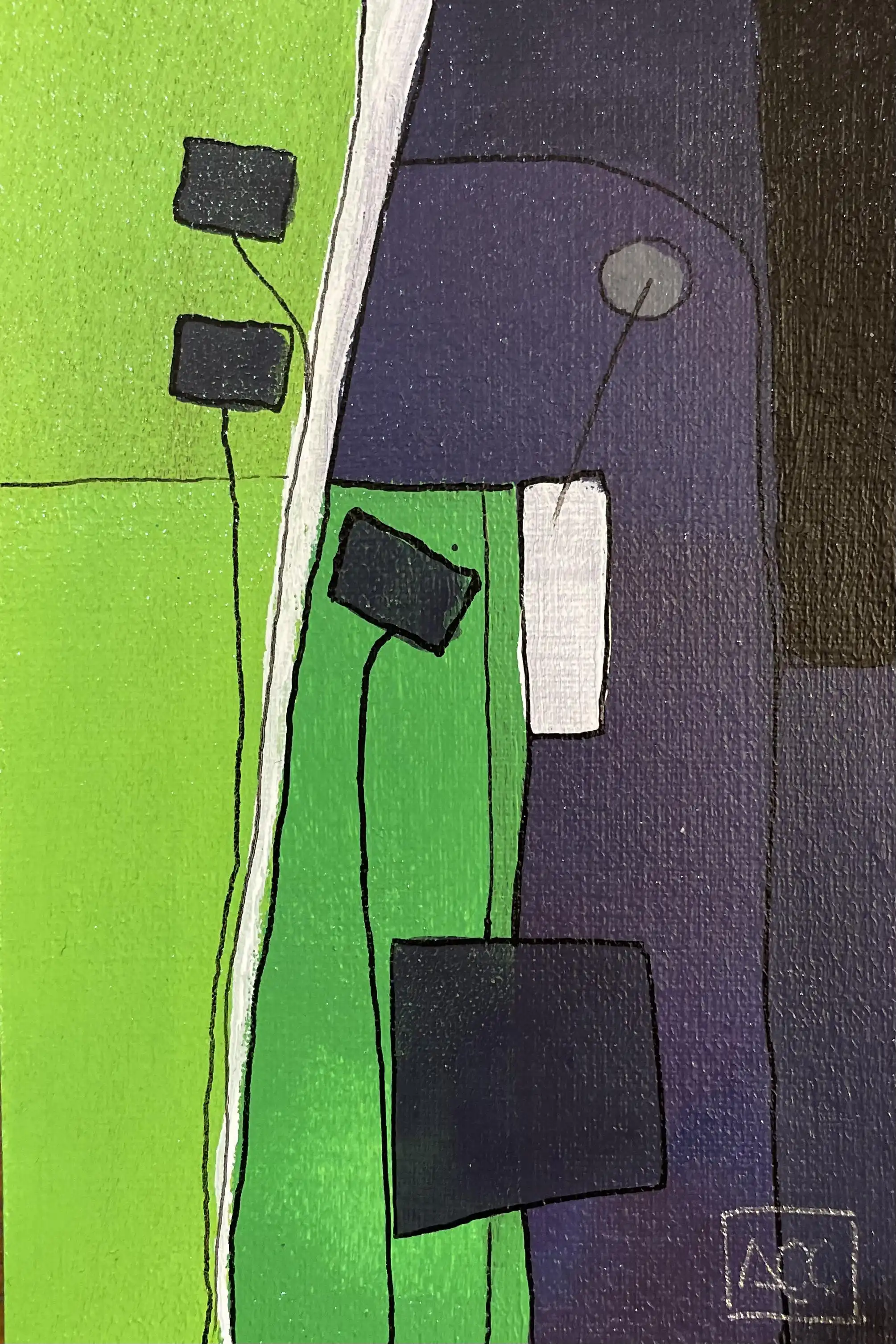 Acrylic painting with yellow-green, violet areas and black geometric shapes divided by white lines
