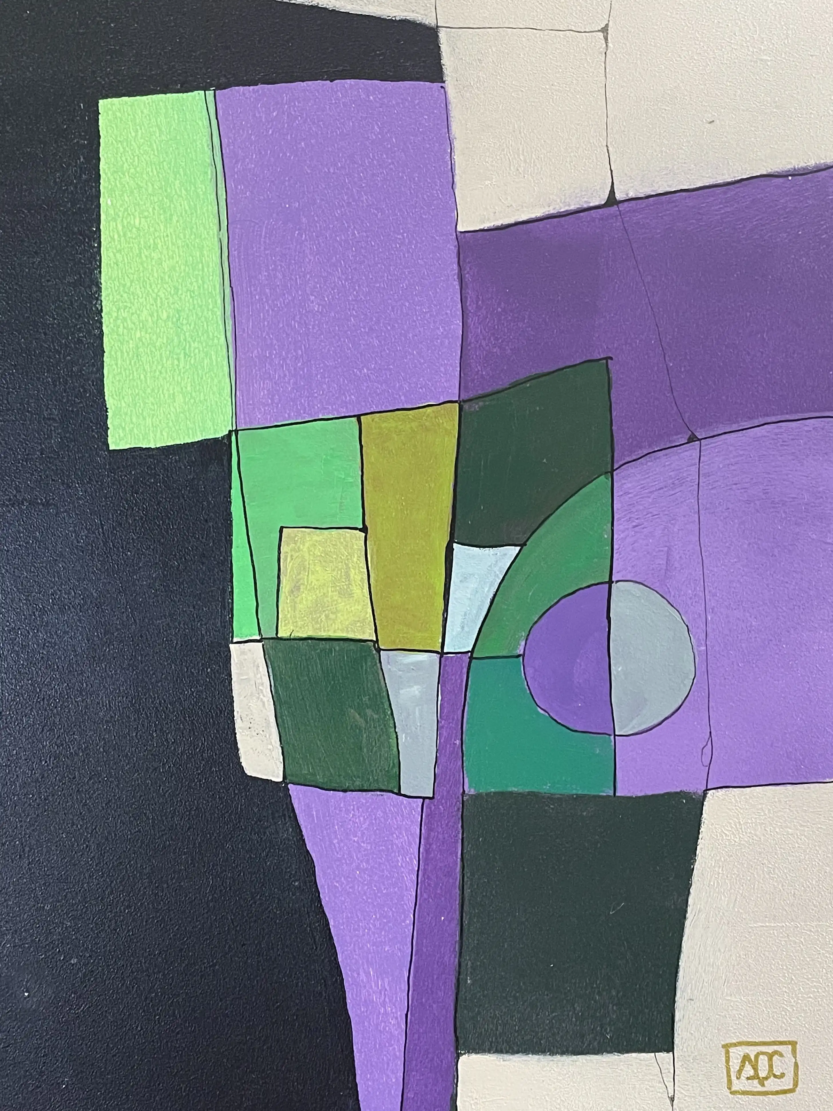 Acrylic painting with geometric forms in violet, blue-violet, yellow, and green arranged in overlapping rectangular shapes