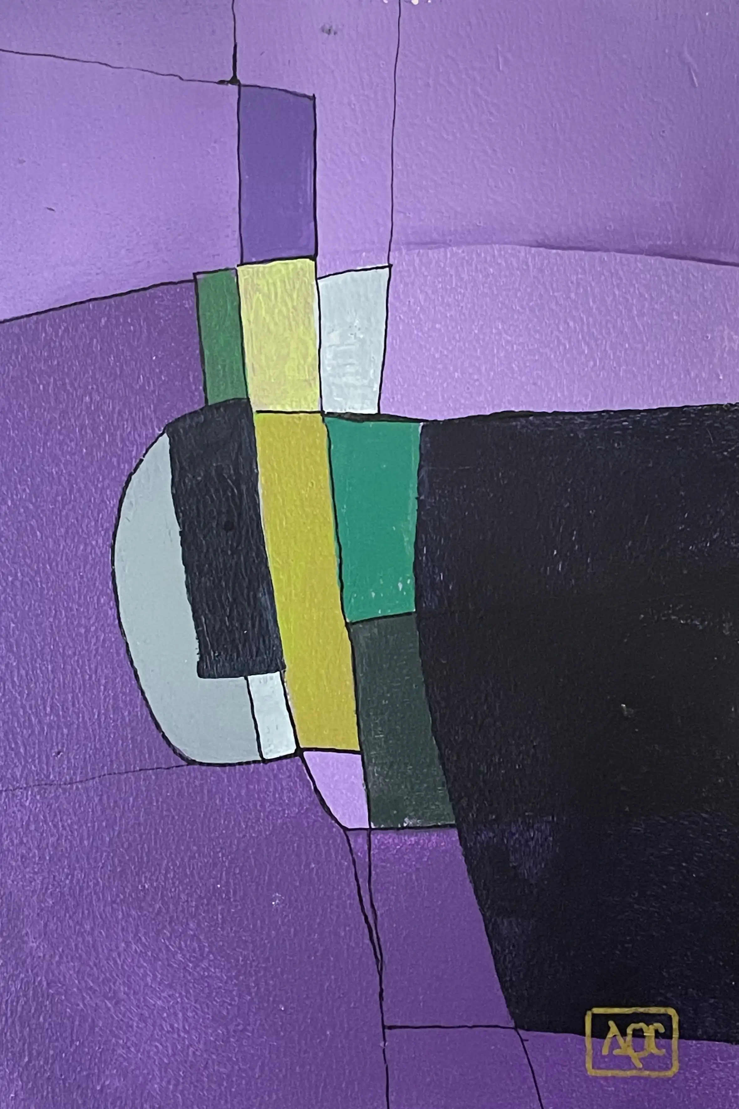 Acrylic painting with violet geometric forms and yellow-green, blue accents arranged on purple background