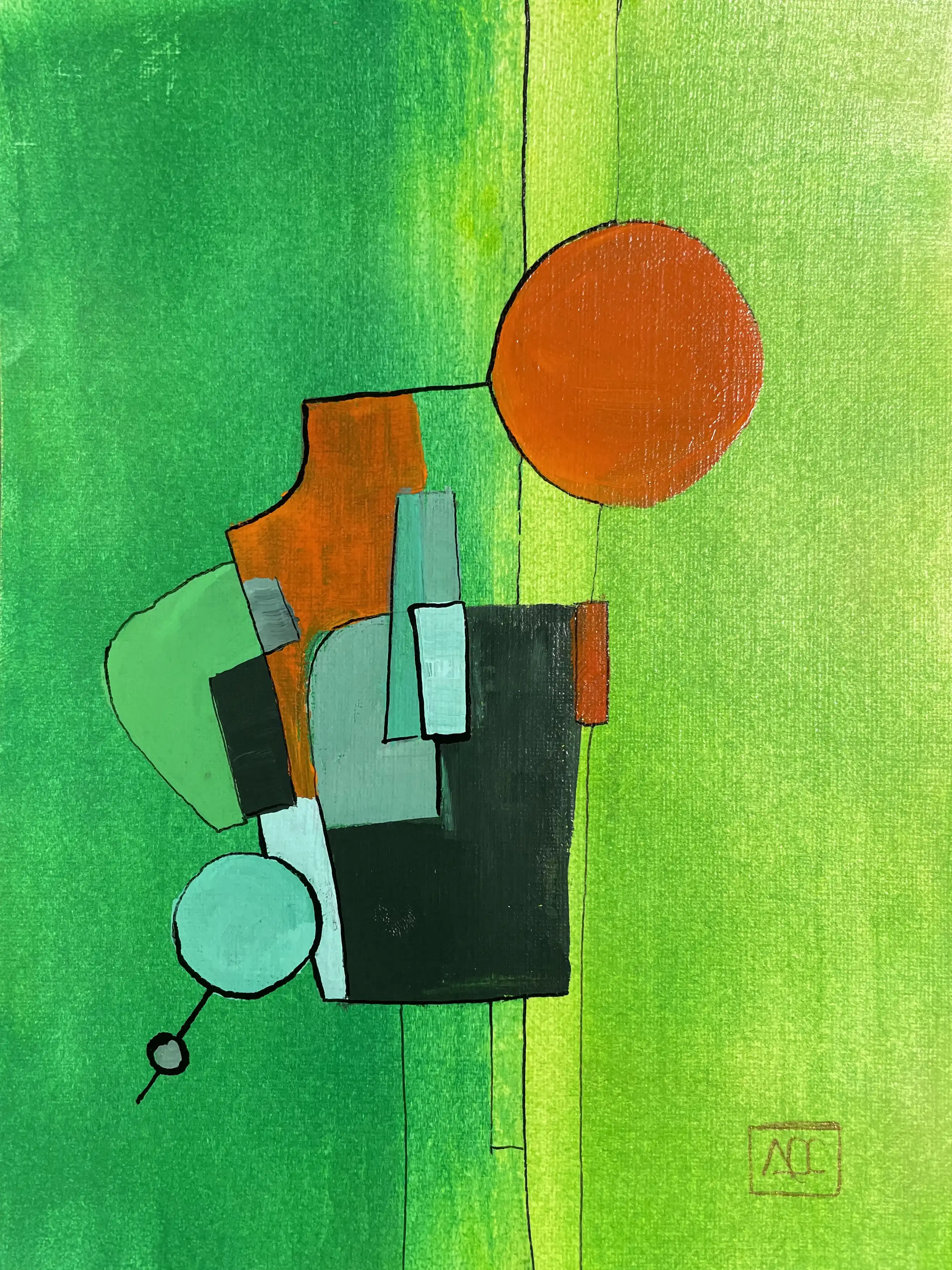 Composition géométrique acrylique : formes jaune-vert avec cercle orange et accents sombres en arrangement vertical
