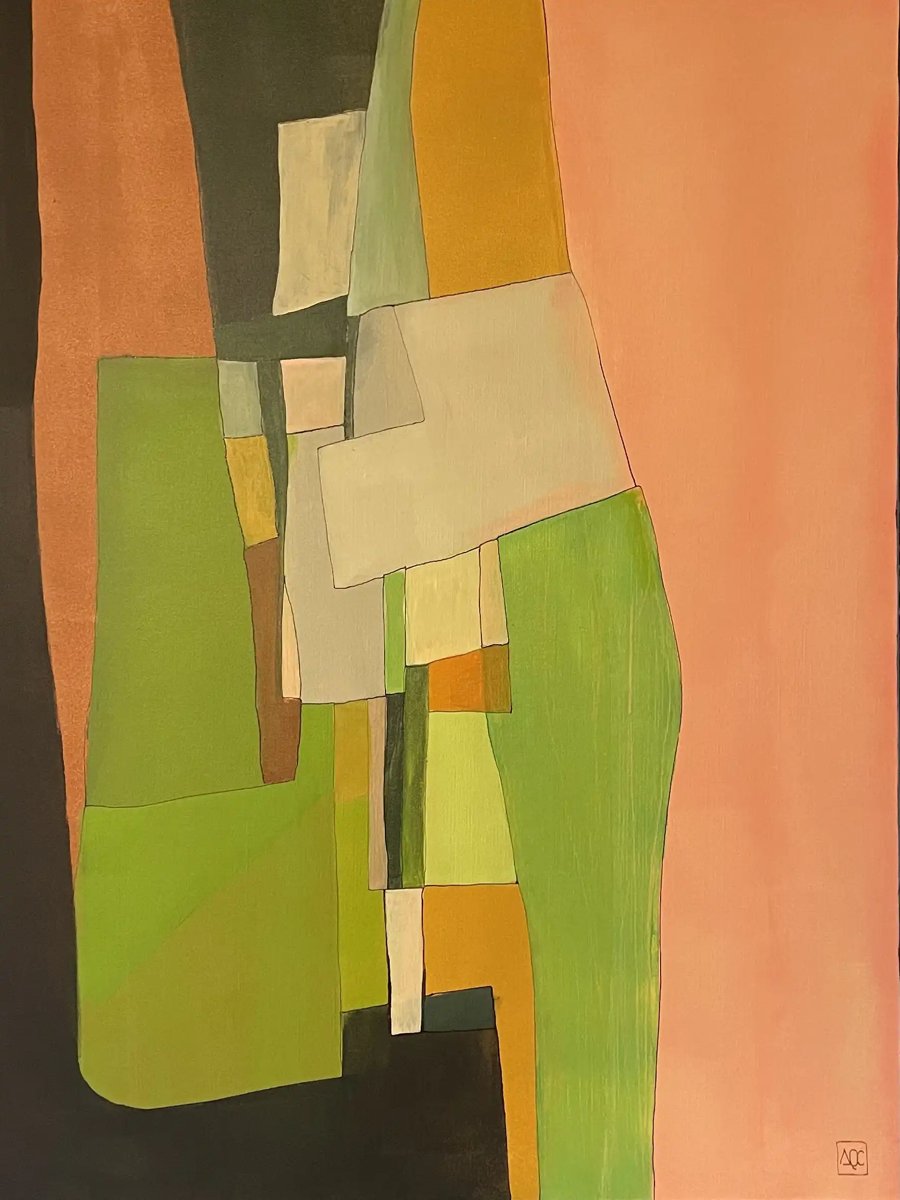 Acrylic painting with orange, yellow-green geometric forms intersecting in vertical composition