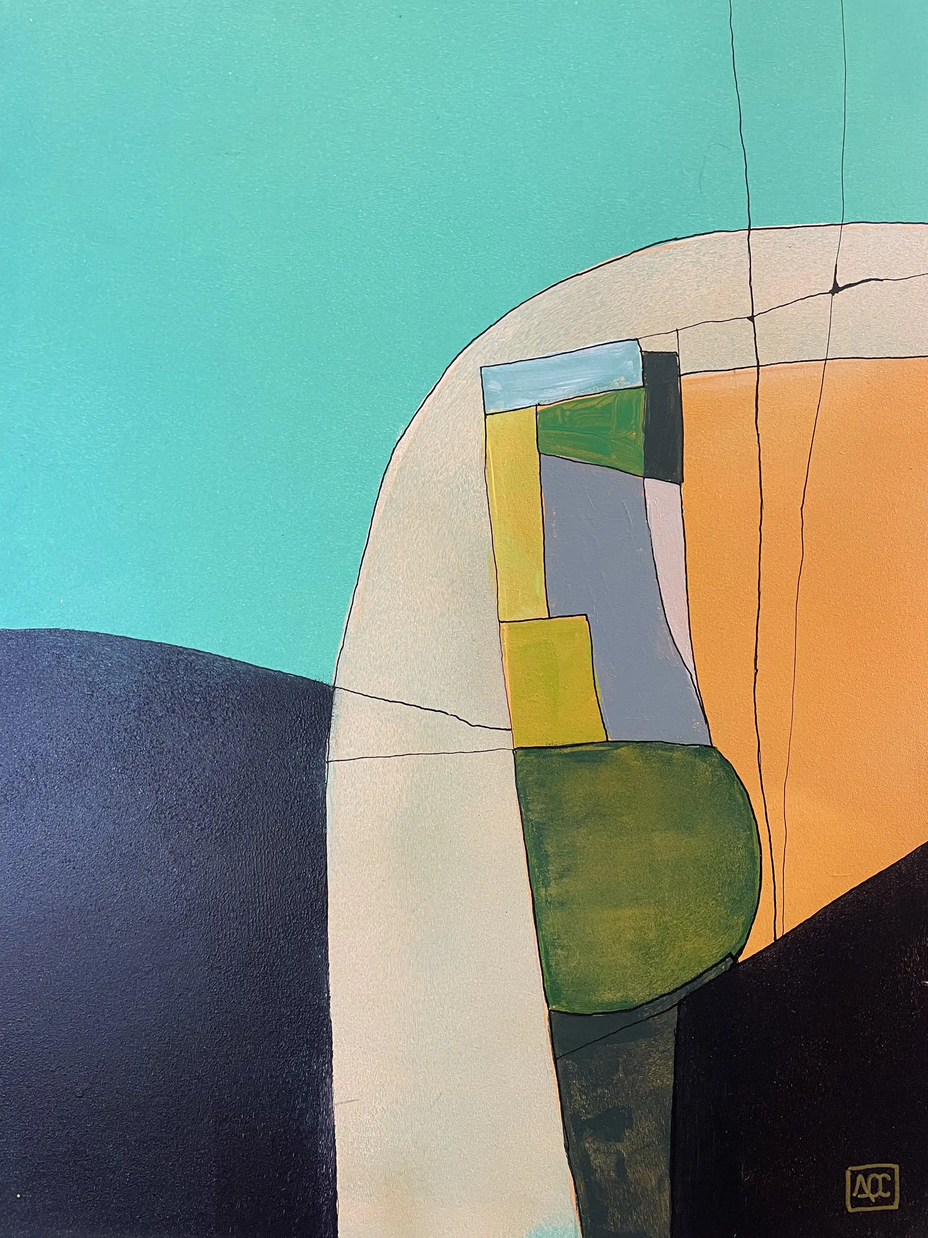 Acrylic painting with turquoise green organic forms, orange geometric sections, and blue-violet areas on wood panel