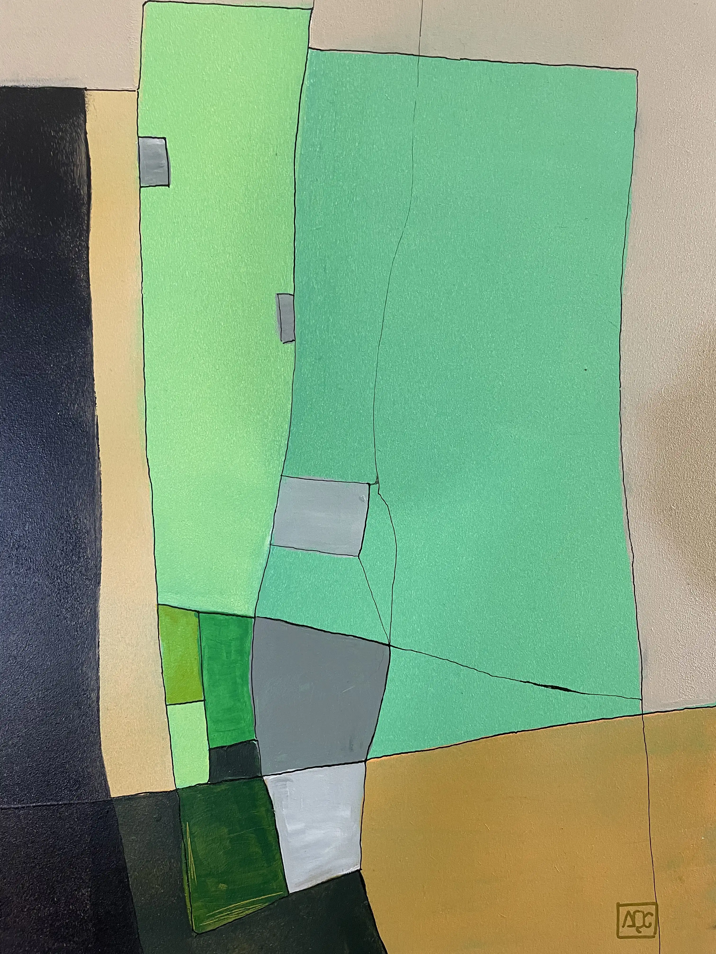 Abstract painting with yellow-green and orange geometric forms representing B minor chord through color translation