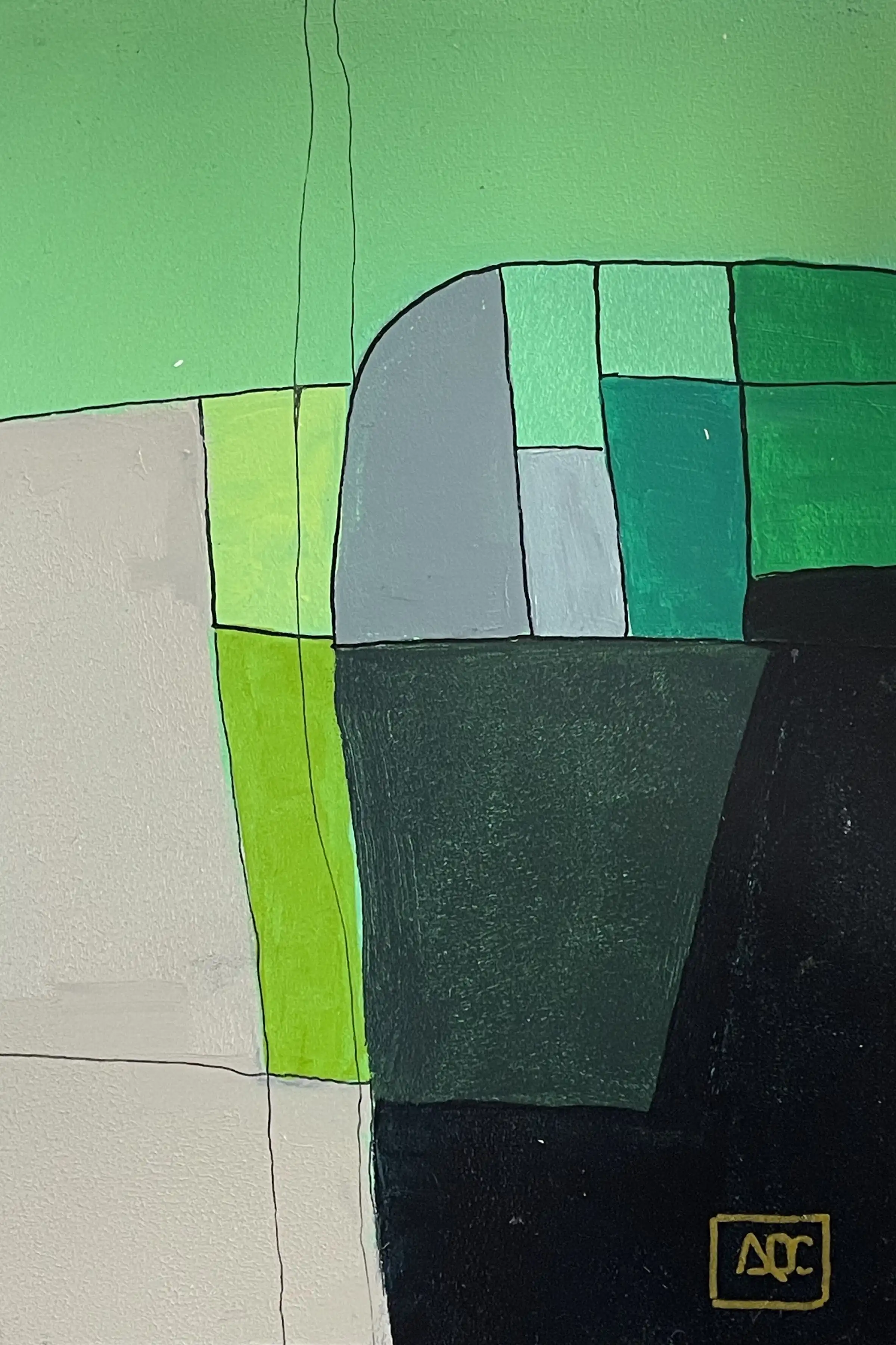 Geometric acrylic painting with yellow-green, black, and green sections divided by linear grid on wood panel