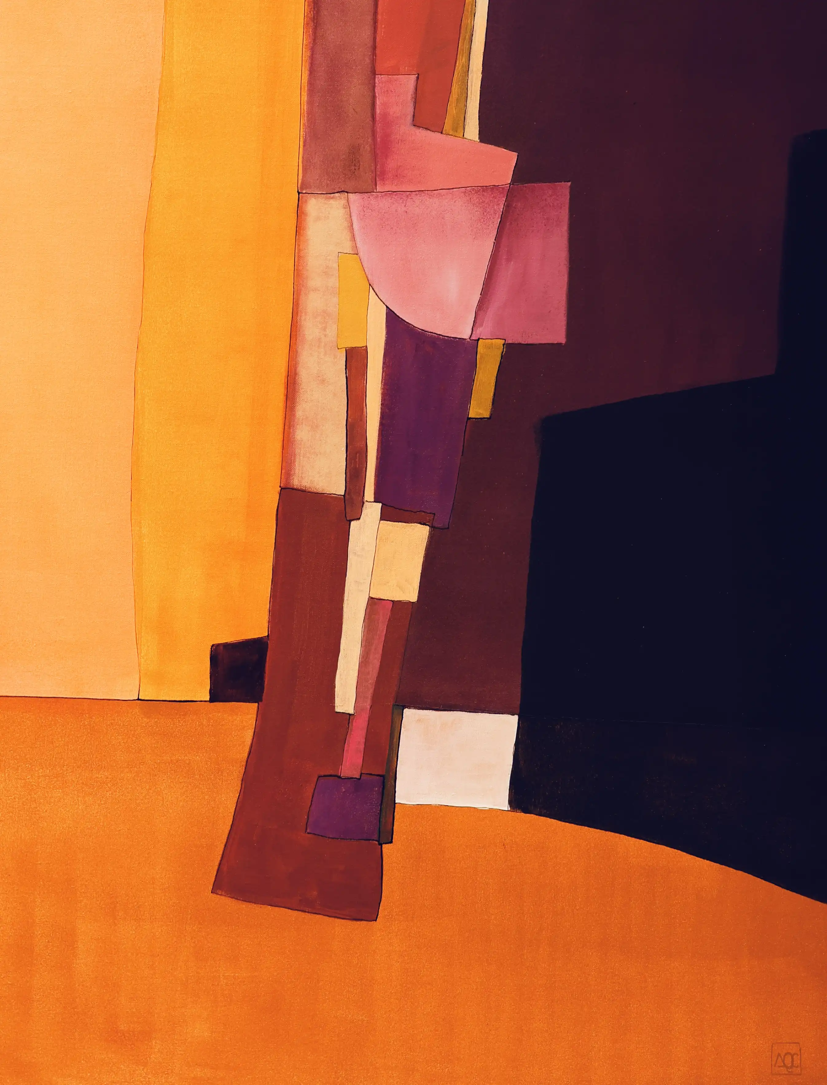 Peinture acrylique géométrique : champs colorés orange, violet et rose avec accents sombres sur toile de lin