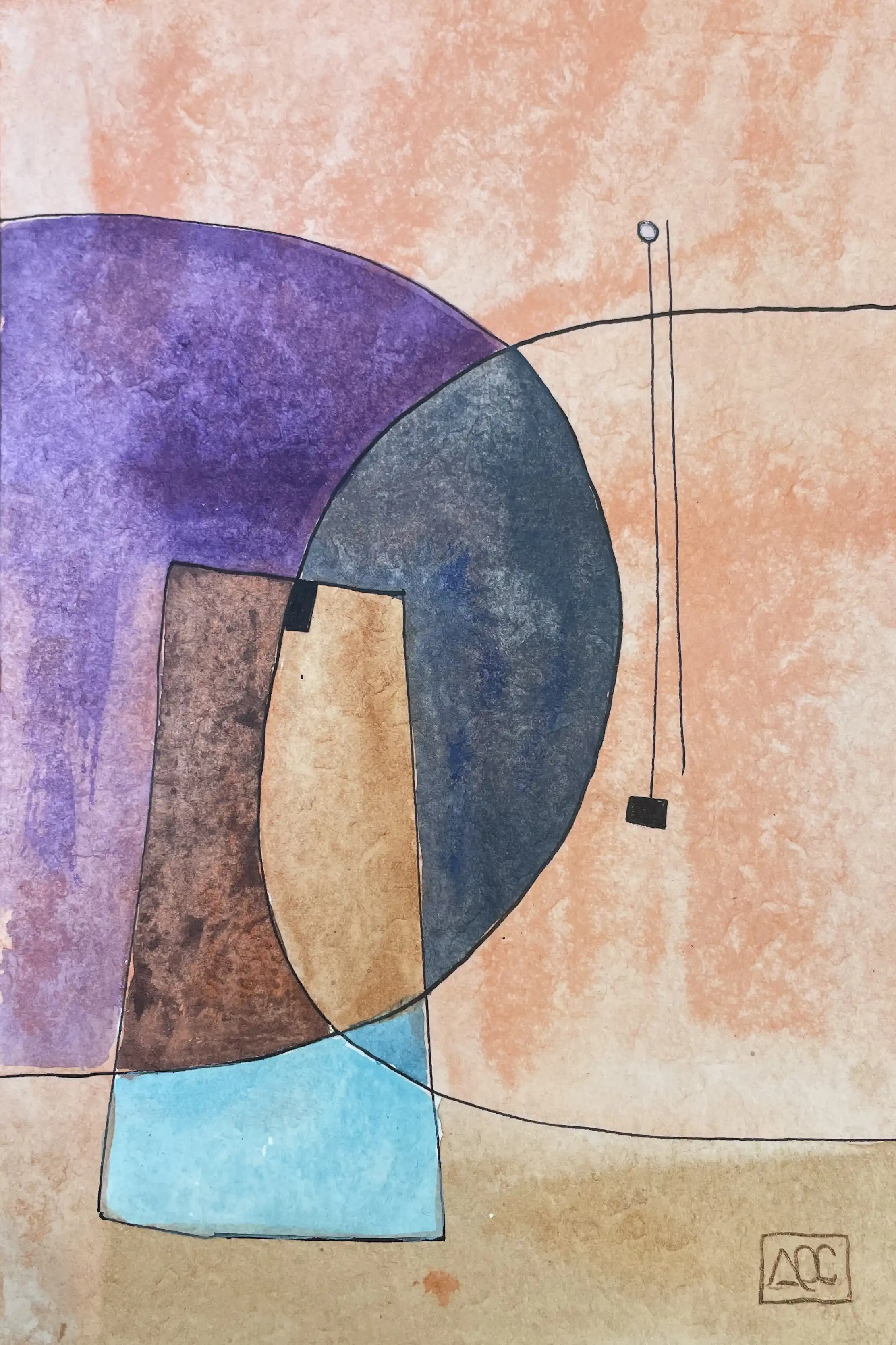 Composition aquarelle : formes géométriques orange et violettes avec accents bleus en arrangement harmonique