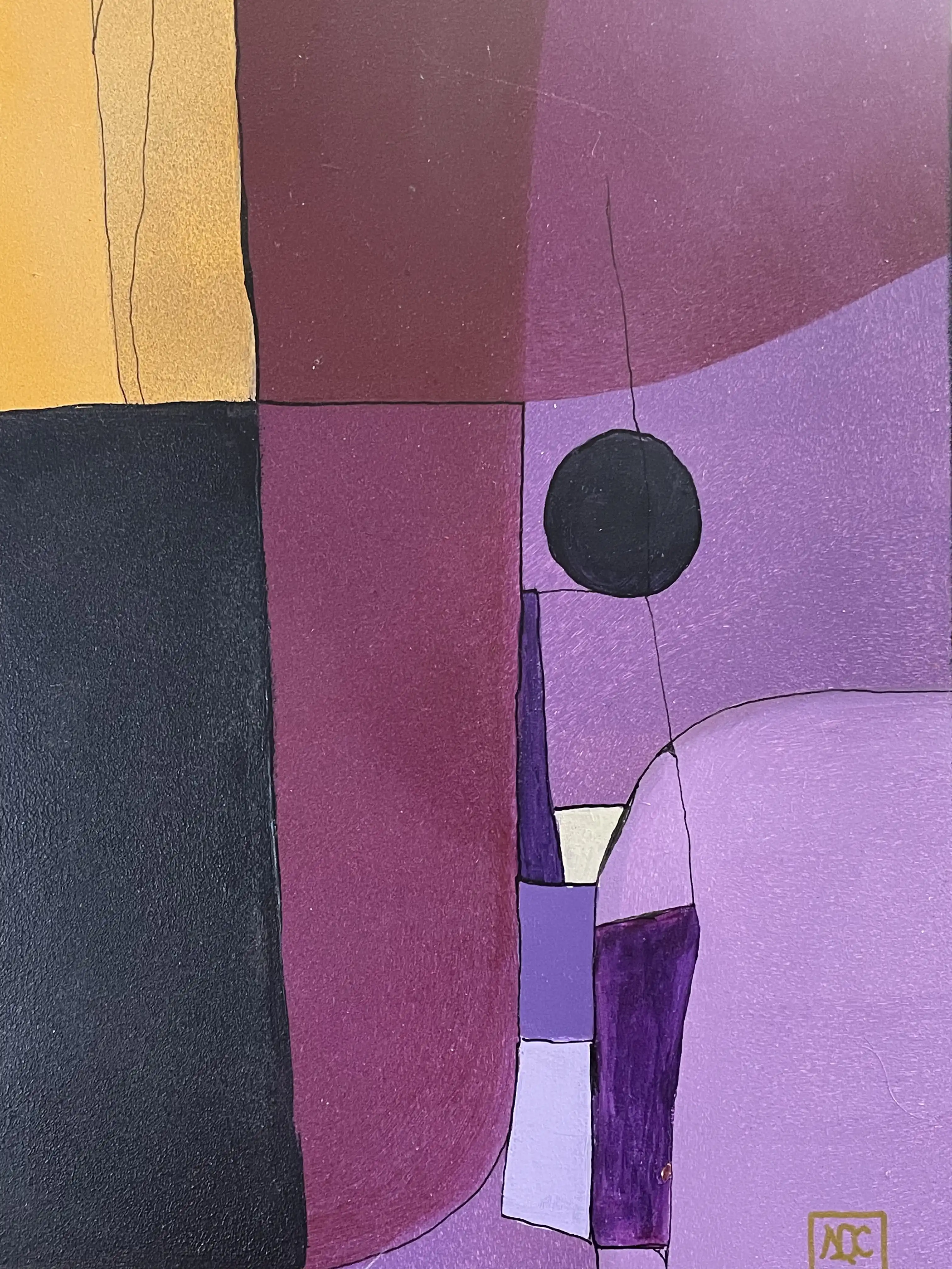 Peinture acrylique géométrique : formes violettes et rouge-violet avec accents orange arrangées en zones angulaires et courbes