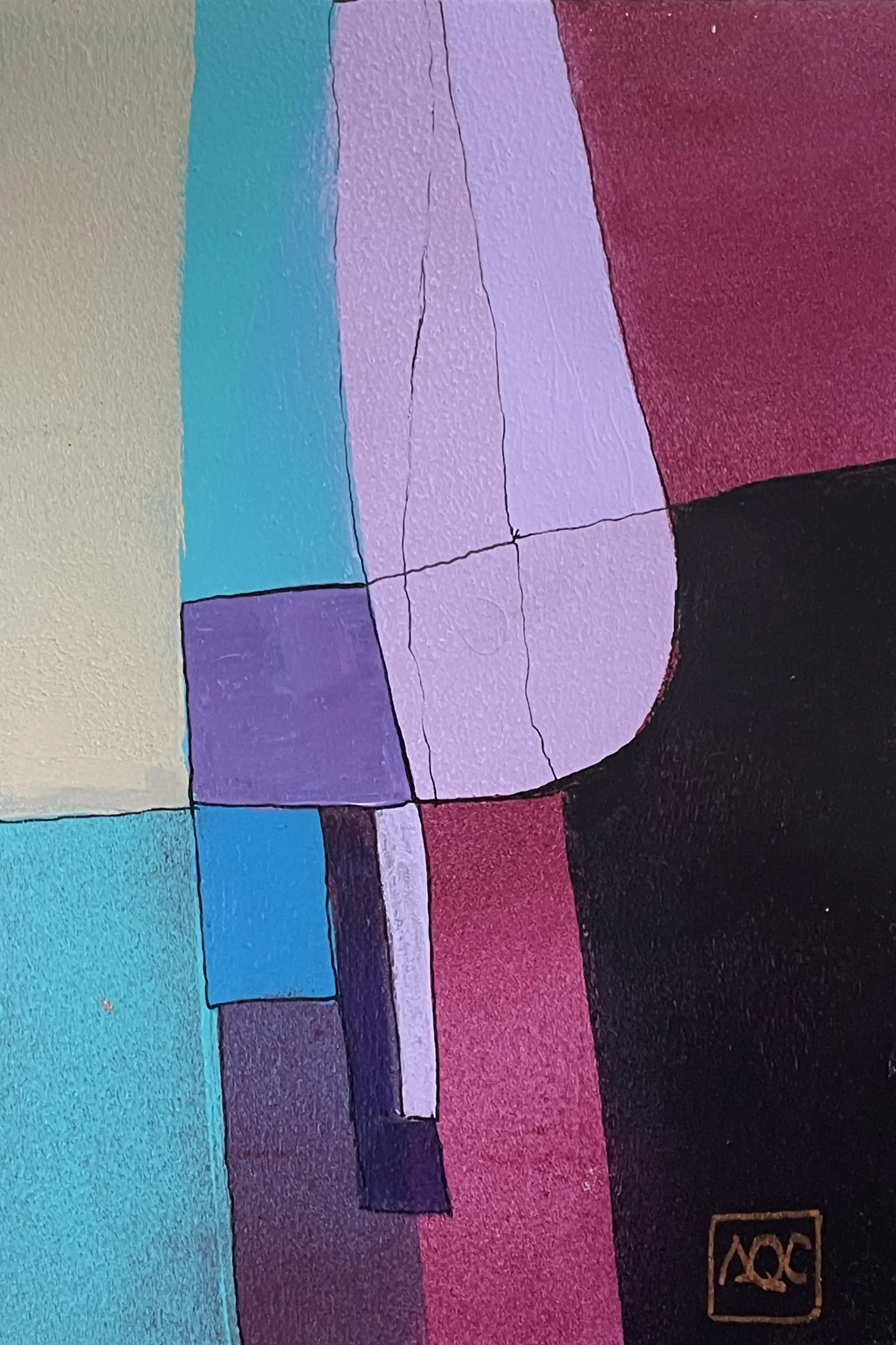 Peinture acrylique géométrique : plans de couleur violet, rouge, bleu en segments angulaires avec cartographie chromesthétique précise des hauteurs