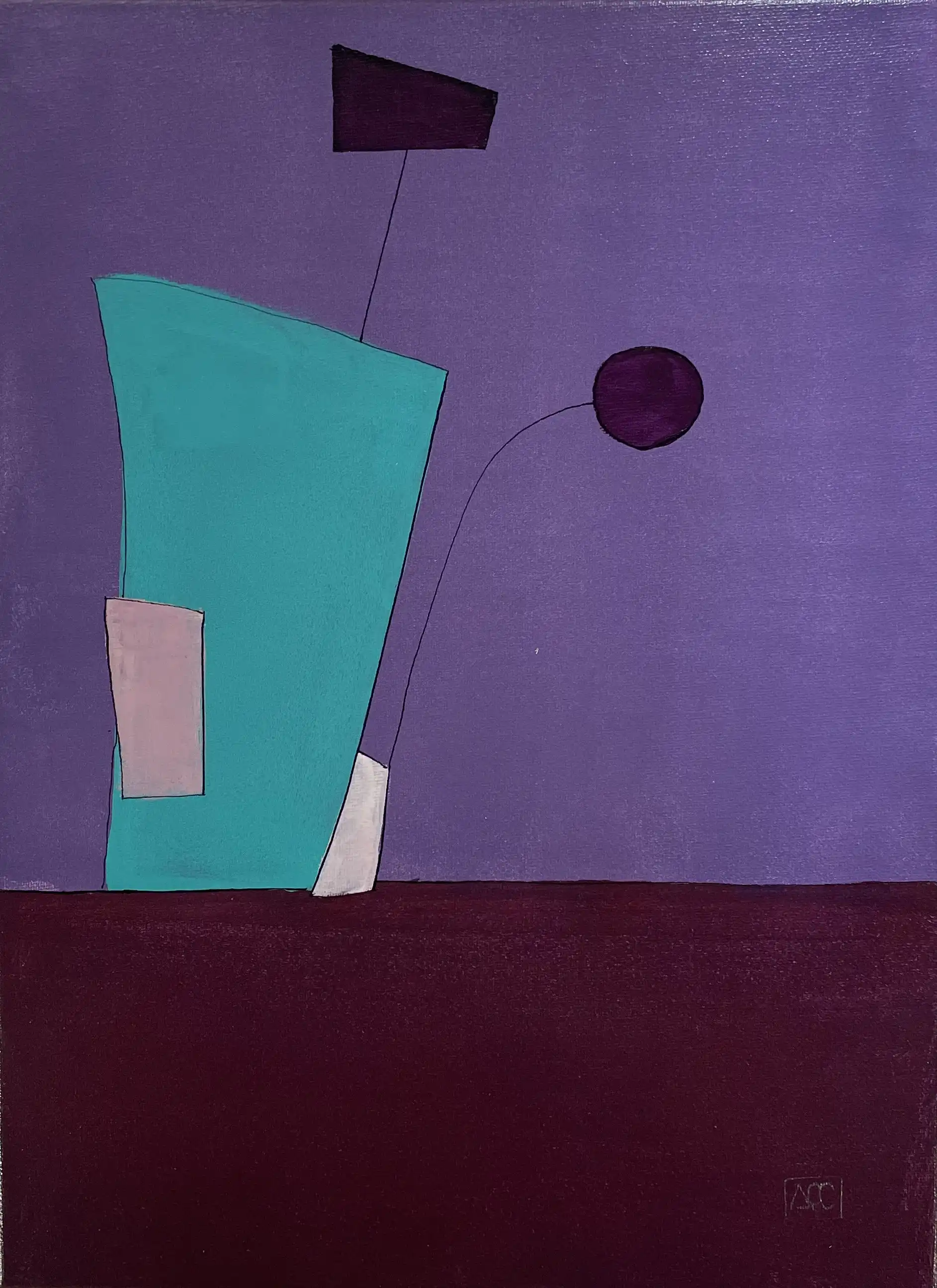 Peinture acrylique : formes géométriques violettes et sarcelle avec base rouge-violet profond sur toile verticale
