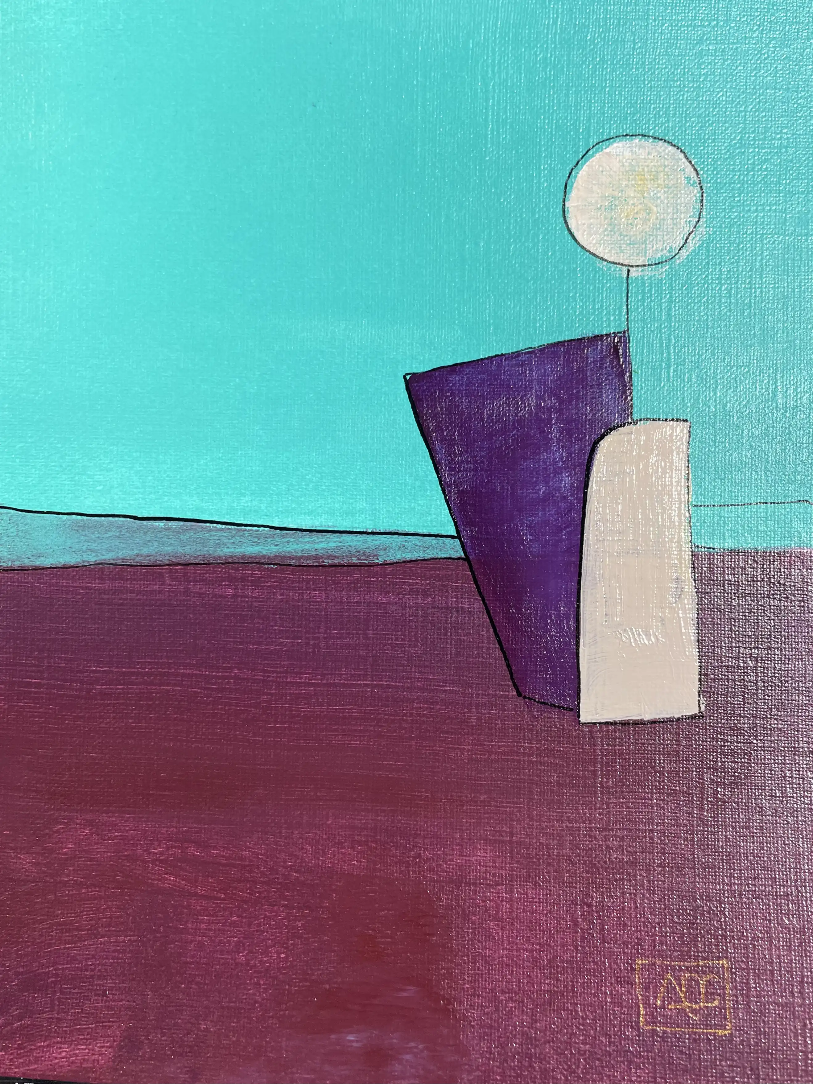 Étude acrylique : formes mauves rouges, zones bleu-vert, cercle pâle, formes géométriques sur fond turquoise