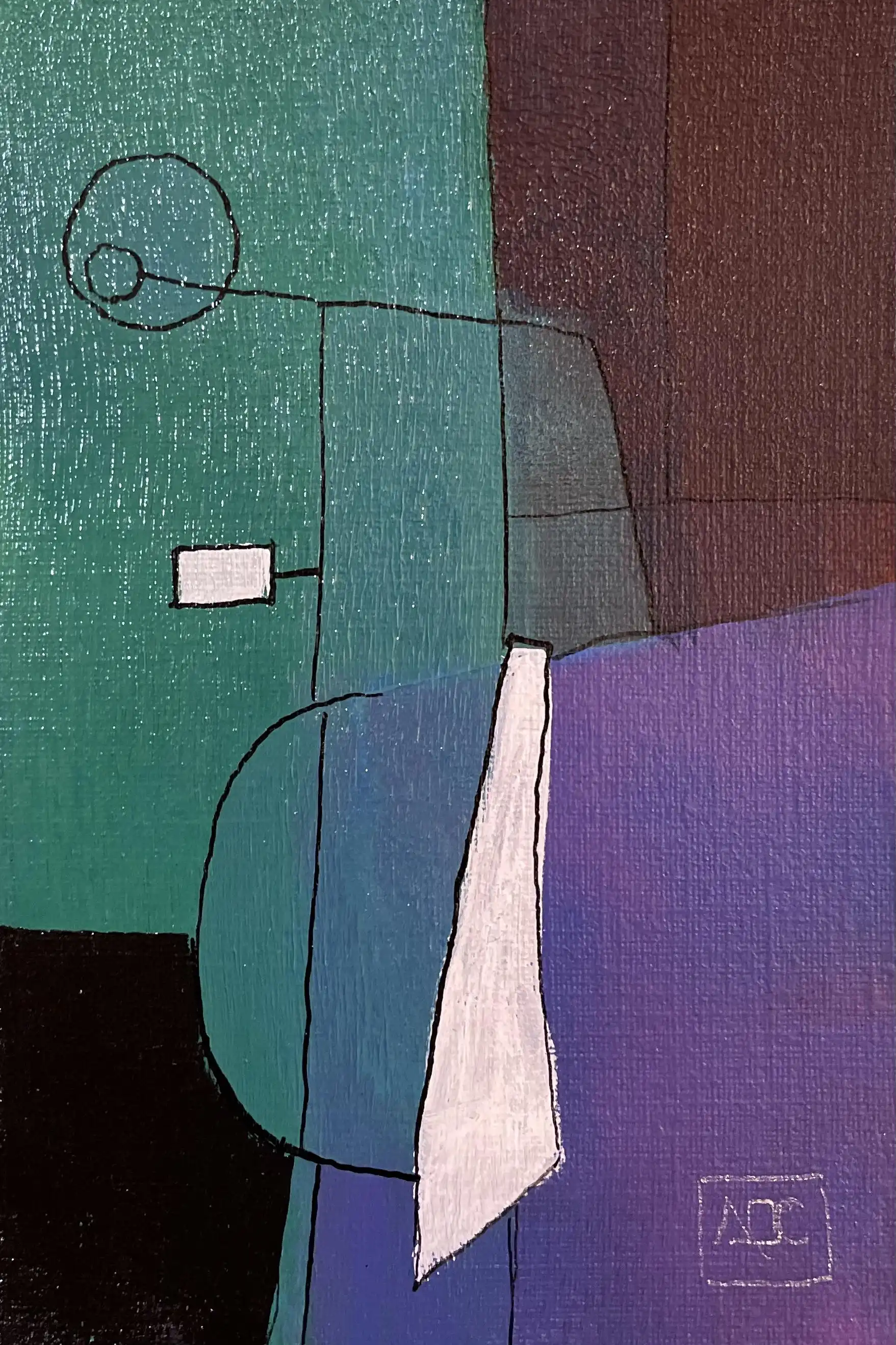 Peinture géométrique abstraite avec des sections bleu-vert, violettes et rouge-orange reliées par des éléments linéaires