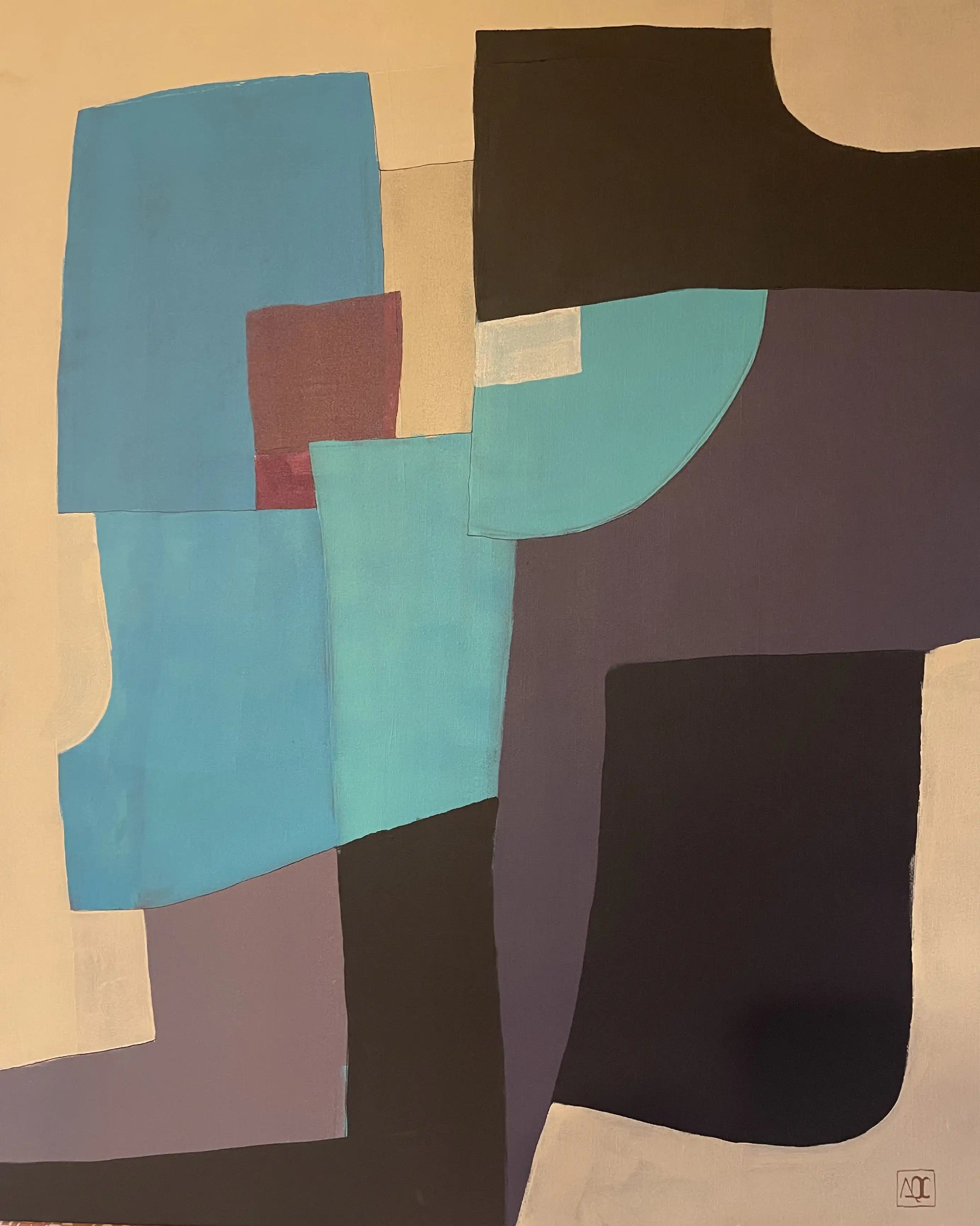 Peinture géométrique abstraite avec formes imbriquées en tons gris foncé, bleu-vert, jaune-orange et rouge