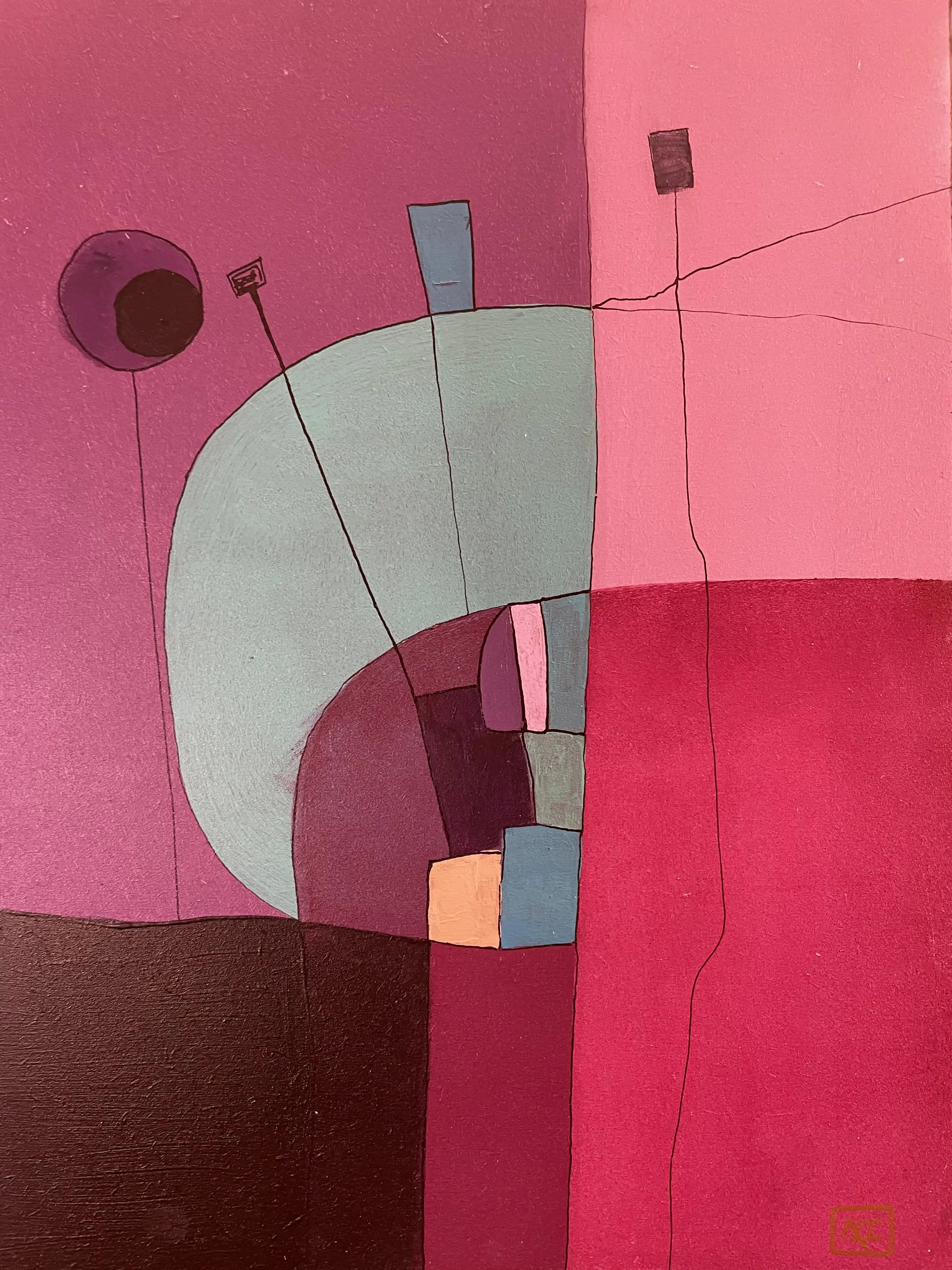 Peinture géométrique abstraite avec formes corail rouges, forme courbée grise, et accents orange dans arrangement de couleurs systématique