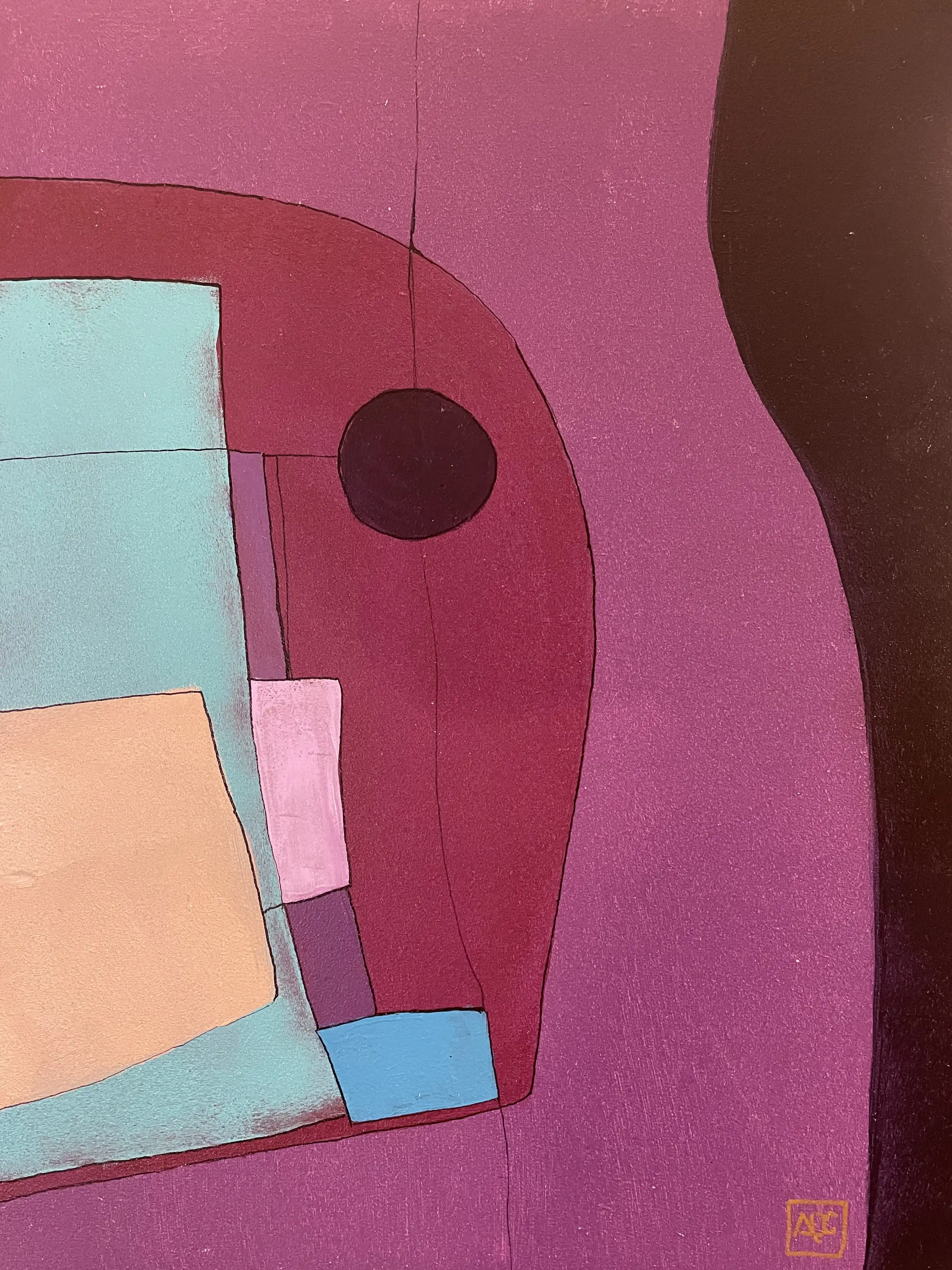 Peinture géométrique abstraite : tons rouges, zones bleu-vert, formes circulaires en plans superposés avec couleurs d'accent