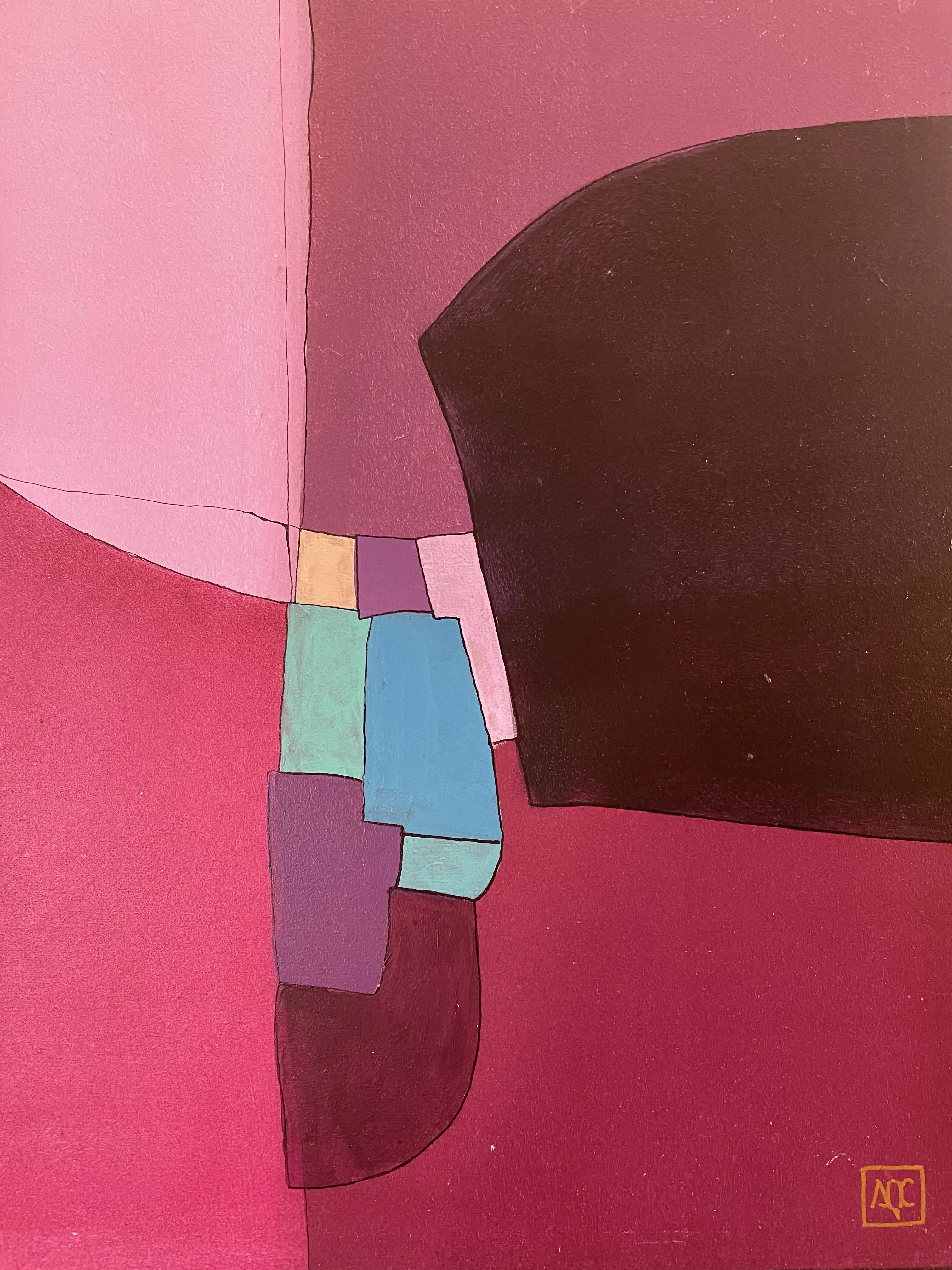 Si bémol Mineur - Variation 8 par Arnaud Quercy chez Art Quam Anima — peinture acrylique sur panneau de bois, Peinture géométrique abstraite : formes rouge-orange avec zones roses et petits accents bleu-vert, violet dans un arrangement précis